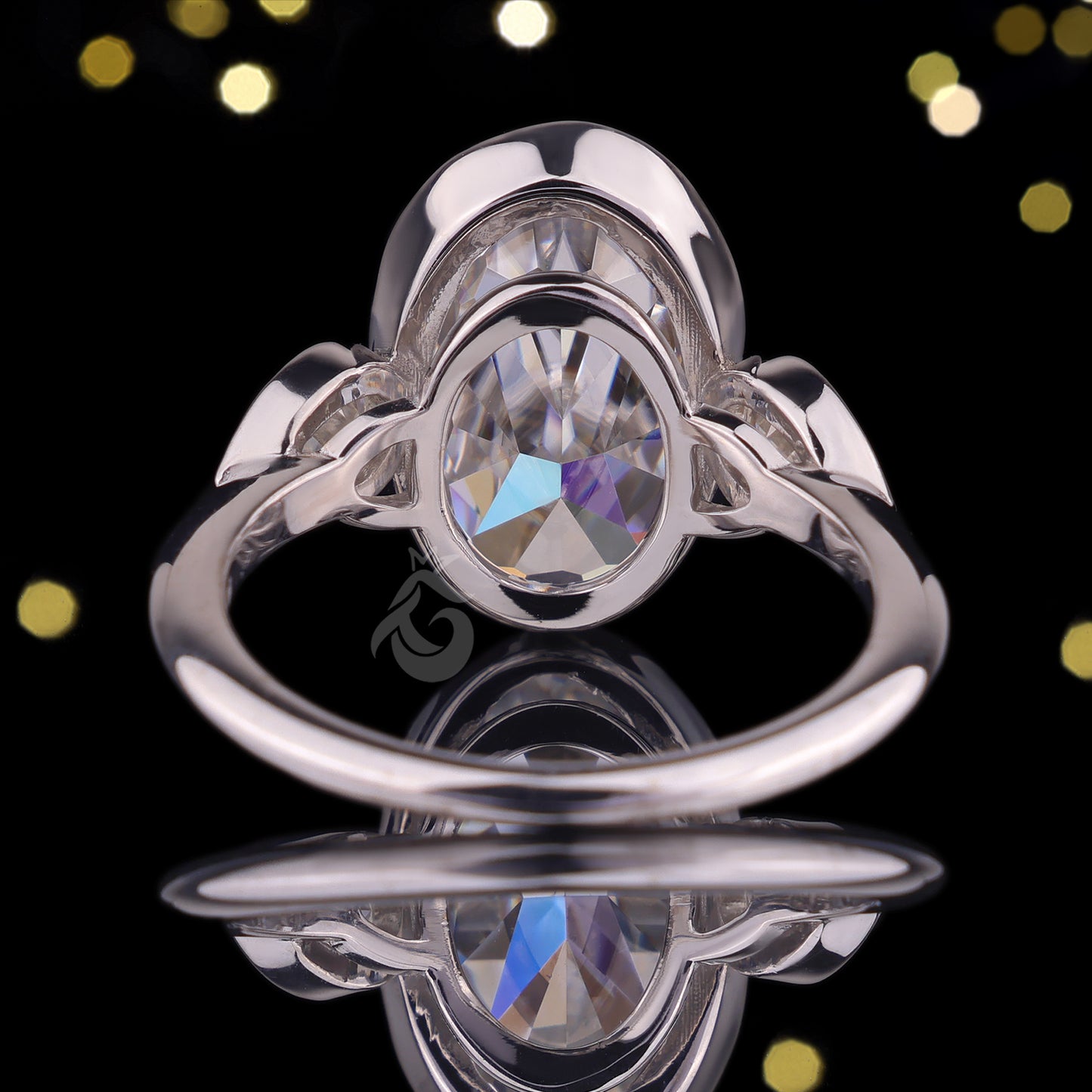 Elongated Oval Moissanite Bezel Engagement Ring, Three Stone, Side Pears