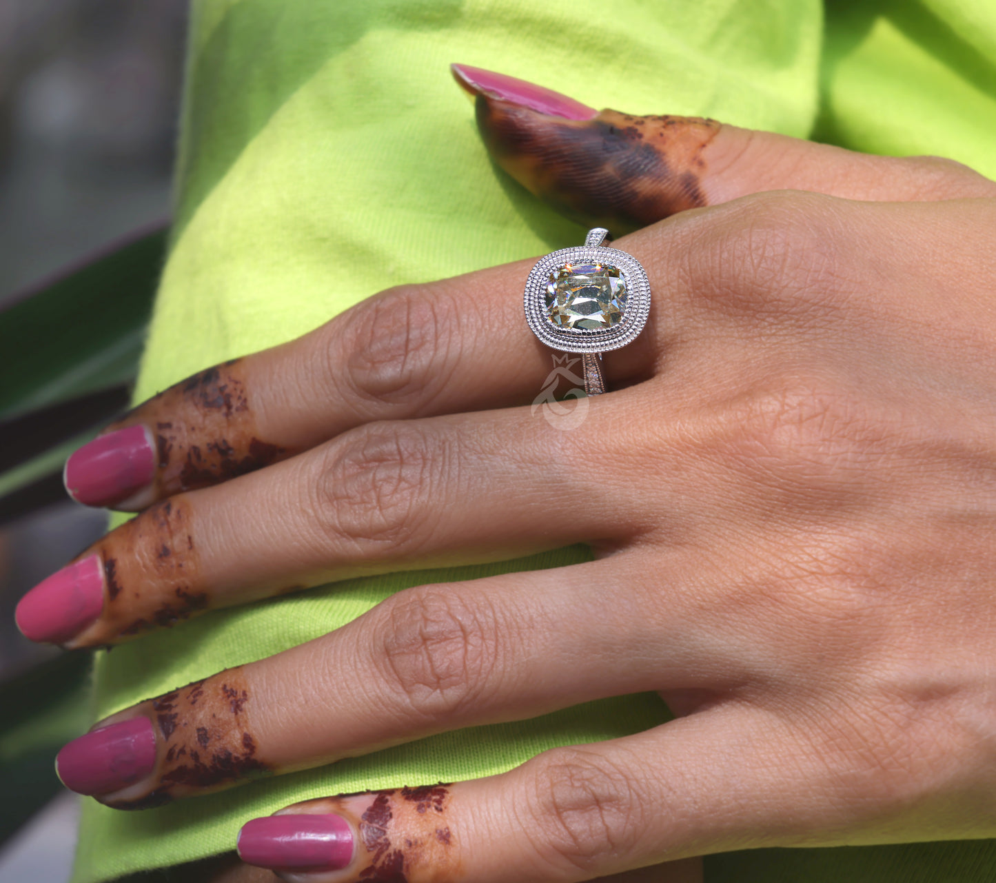 Canary Yellow Cushion Moissanite Engagement Ring, Mil grain Vintage 1920s Style