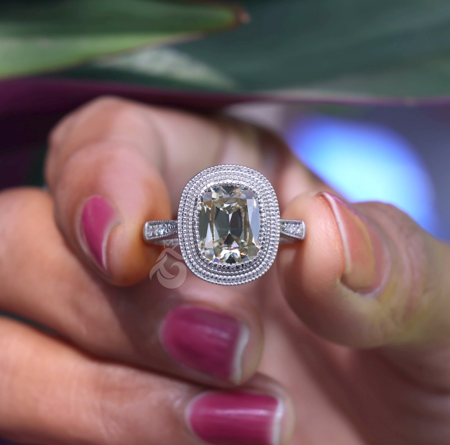 Canary Yellow Cushion Moissanite Engagement Ring, Mil grain Vintage 1920s Style