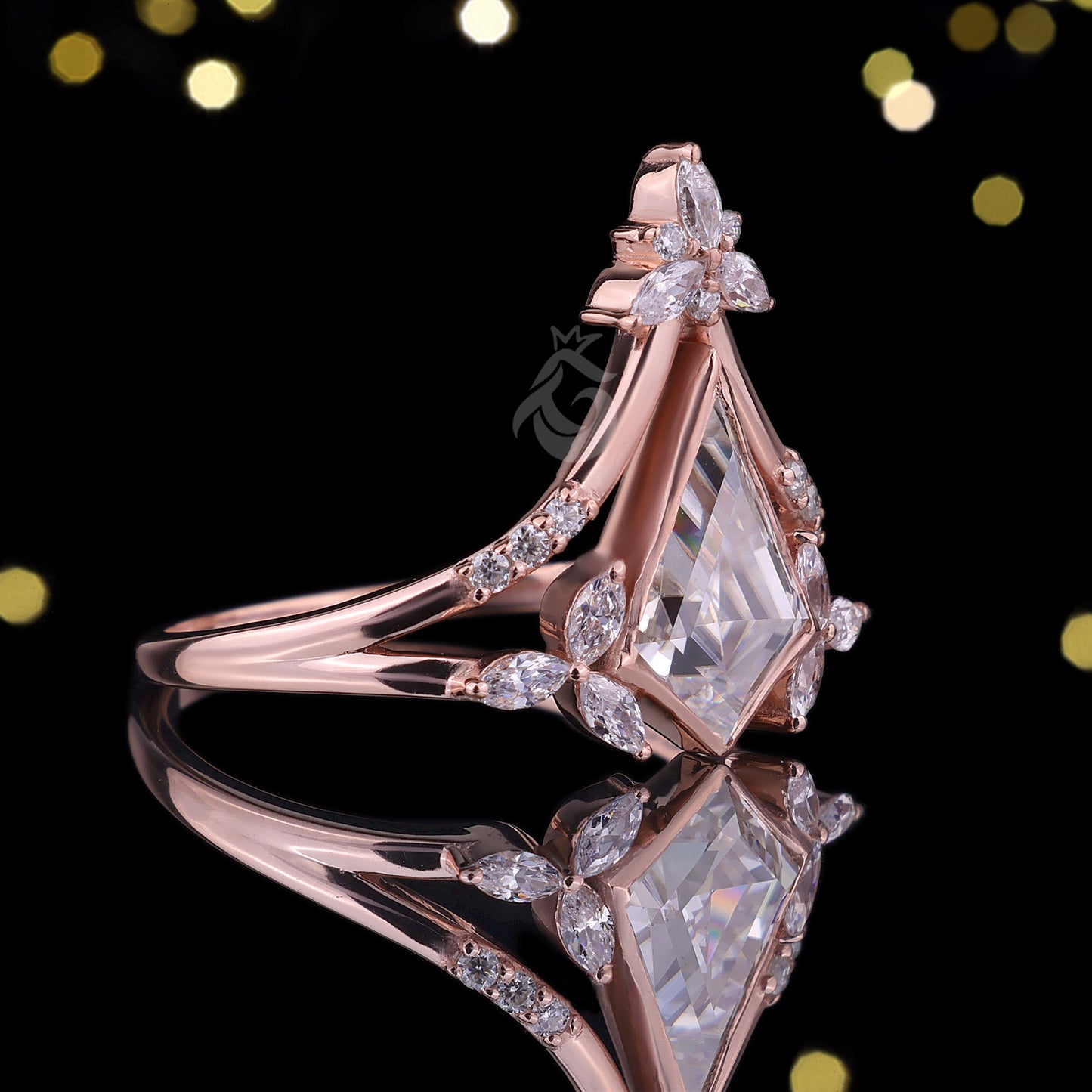 Kite Moissanite Bezel Engagement Ring Set, Marquise Curved 14k Rose Gold