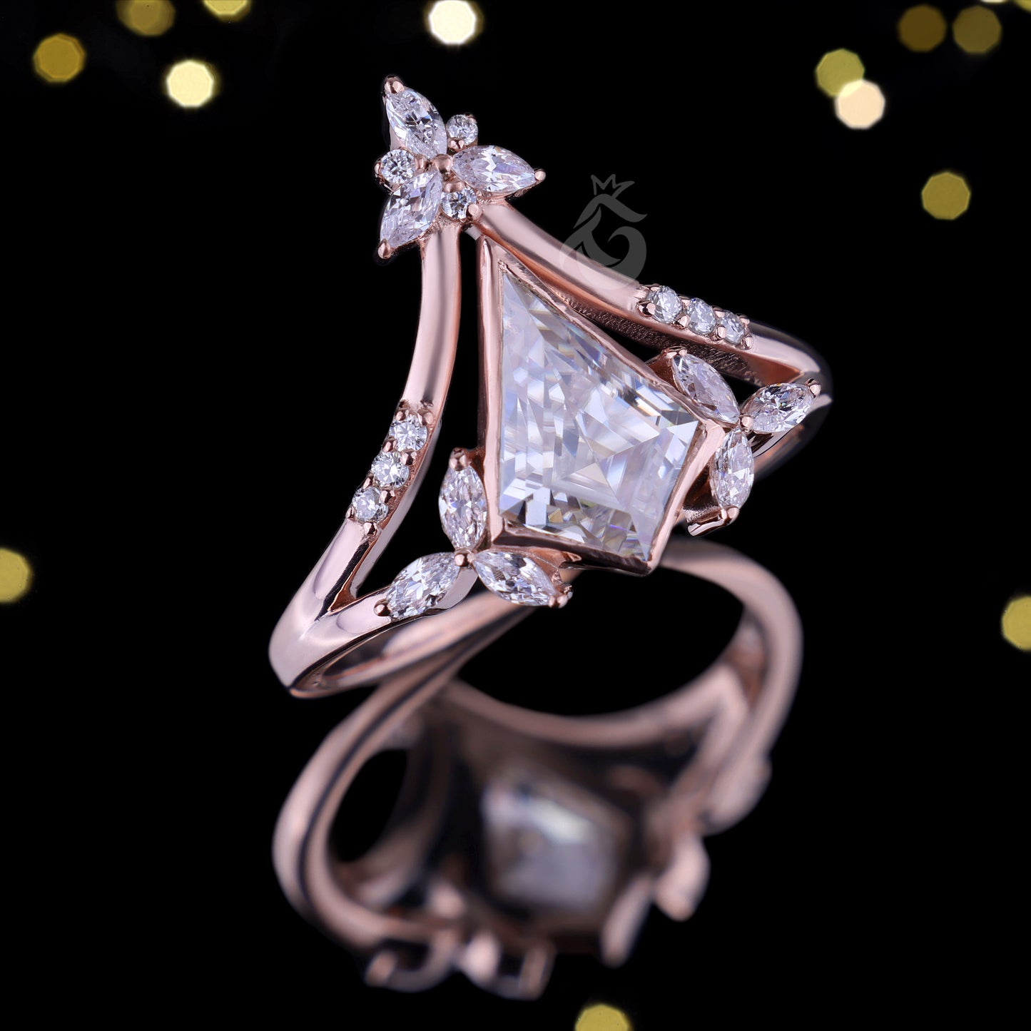 Kite Moissanite Bezel Engagement Ring Set, Marquise Curved 14k Rose Gold