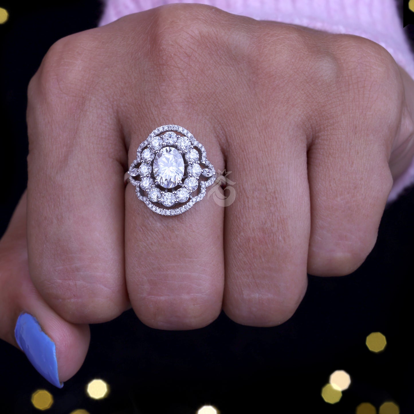 Oval Halo Moissanite Engagement Ring – 14K Gold Marquise Side Stone Bridal Ring