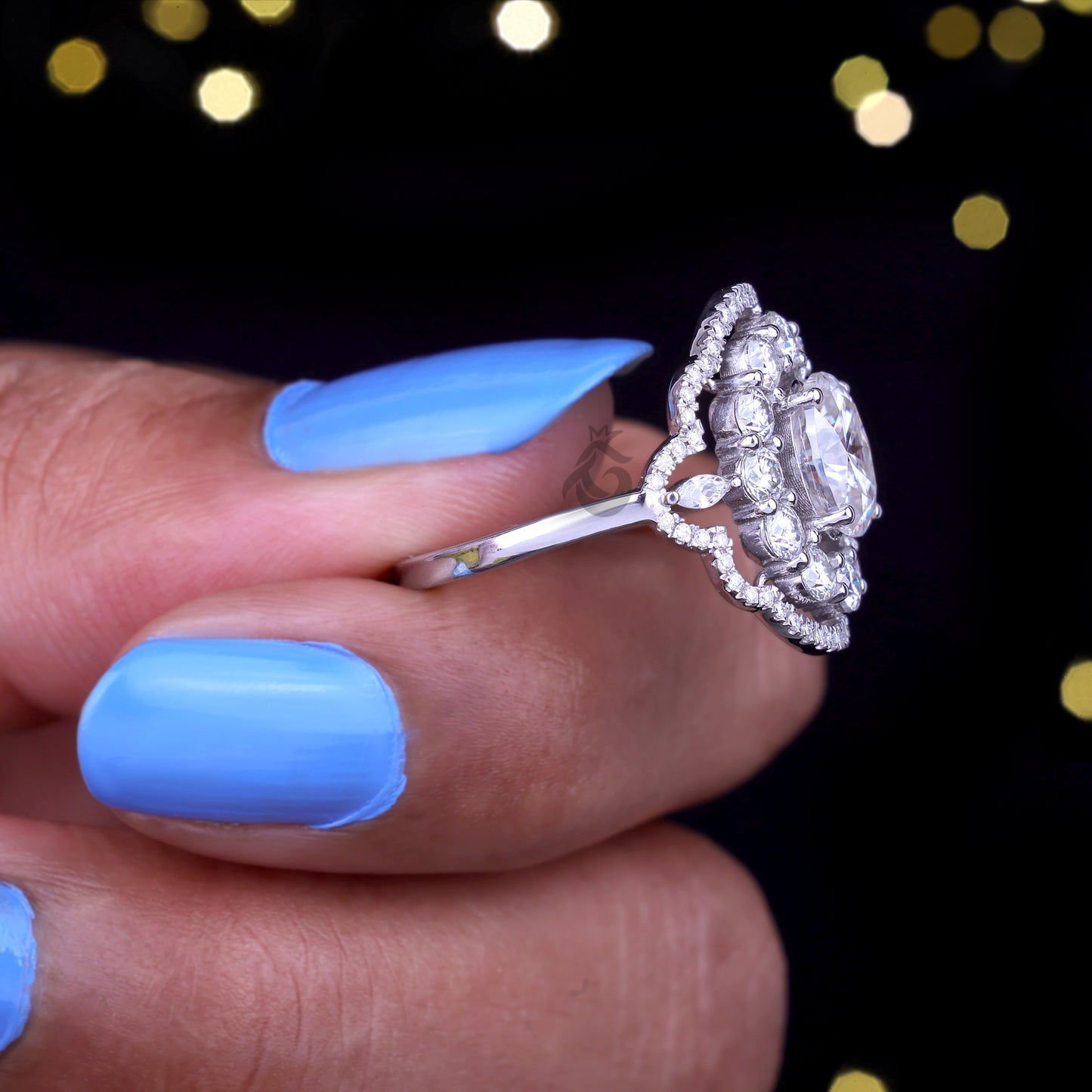 Oval Halo Moissanite Engagement Ring – 14K Gold Marquise Side Stone Bridal Ring