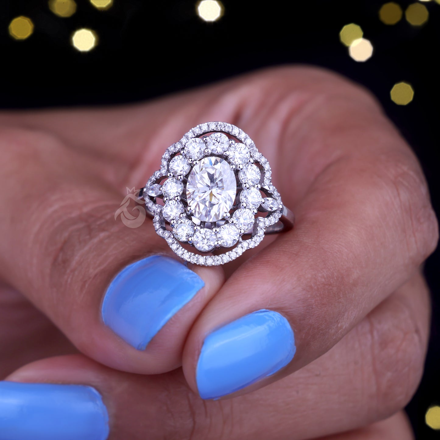 Oval Halo Moissanite Engagement Ring – 14K Gold Marquise Side Stone Bridal Ring
