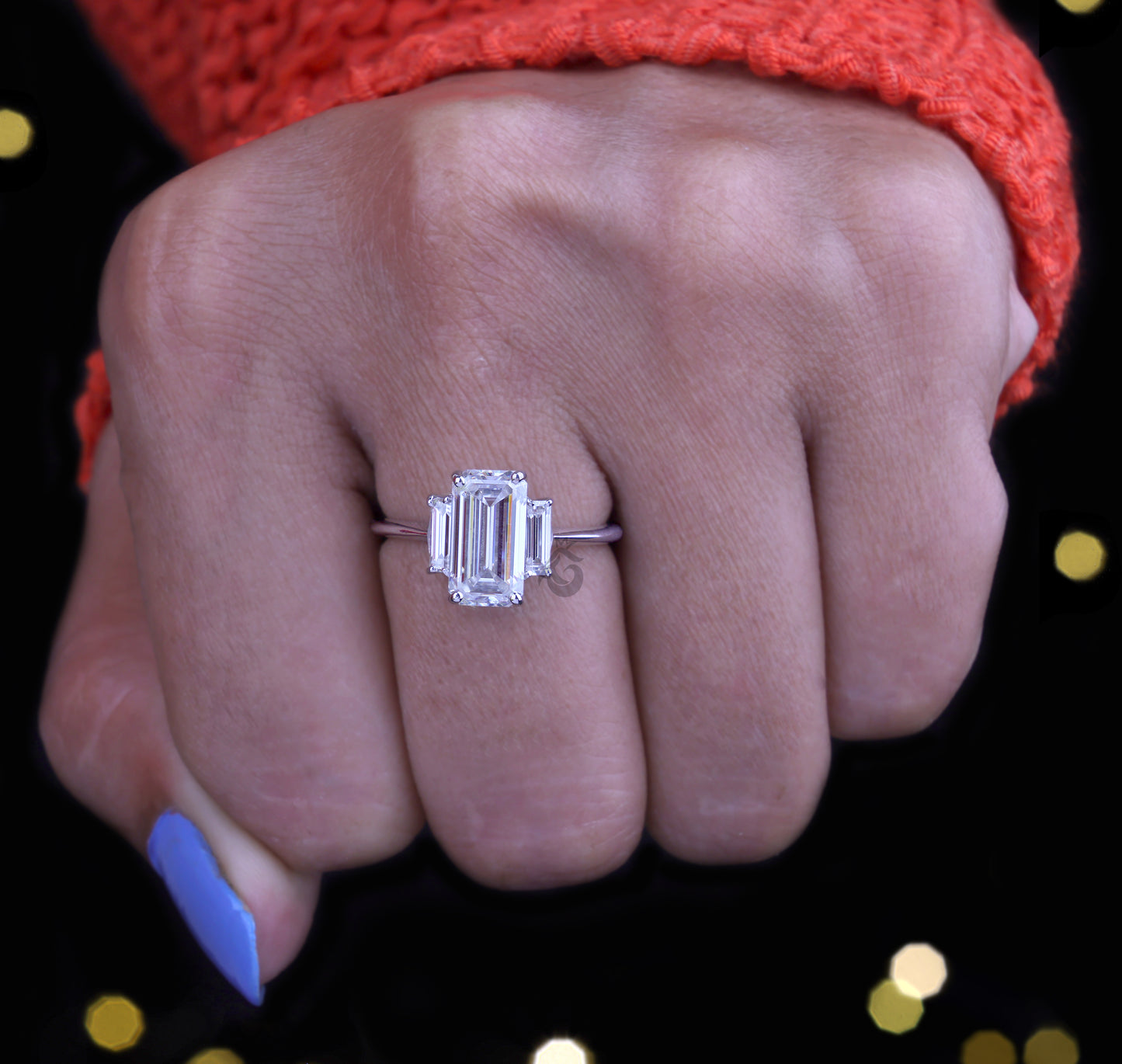 Emerald Cut Three-Stone Moissanite Ring – 14K Gold Baguette Side Stone Engagement & Wedding Ring
