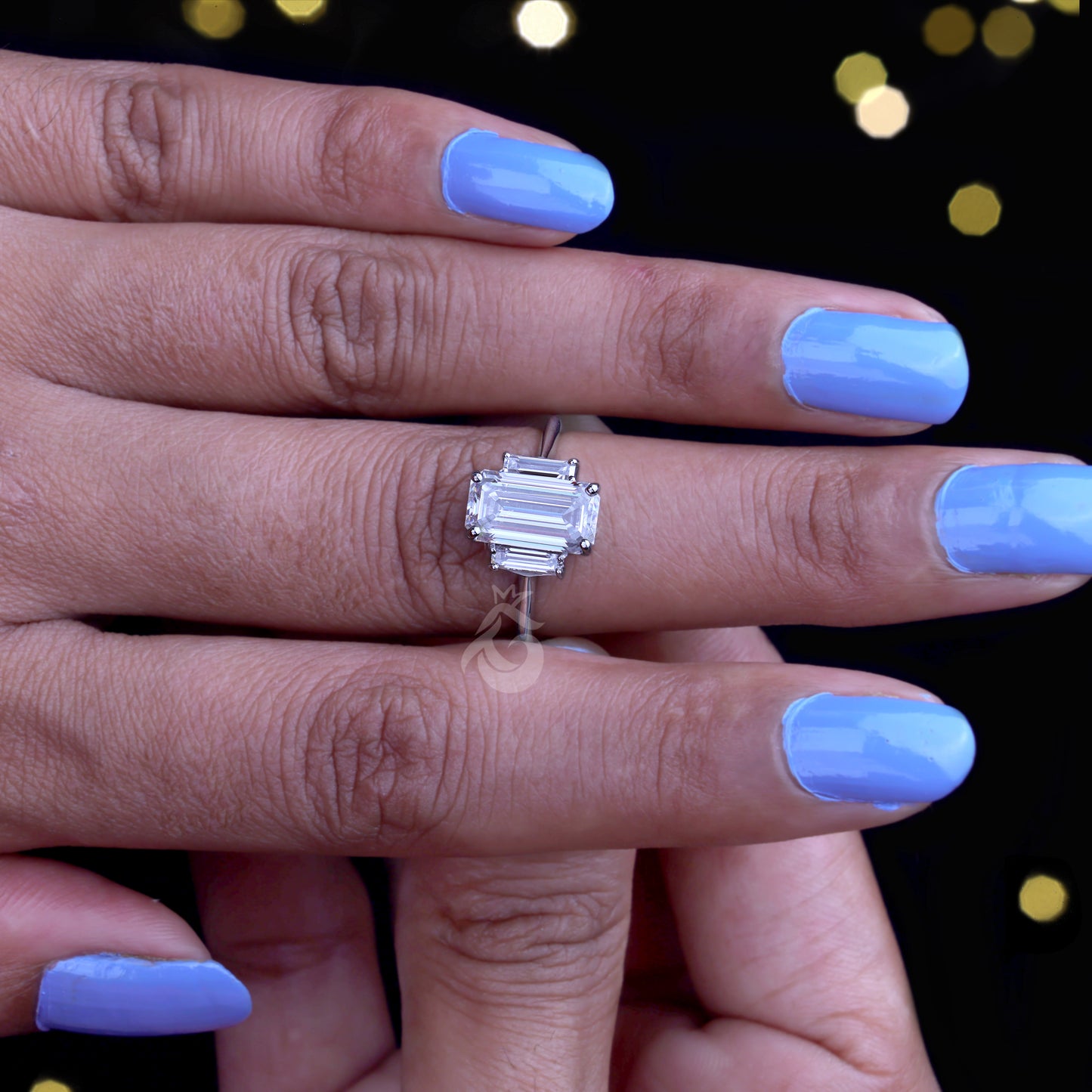 Emerald Cut Three-Stone Moissanite Ring – 14K Gold Baguette Side Stone Engagement & Wedding Ring