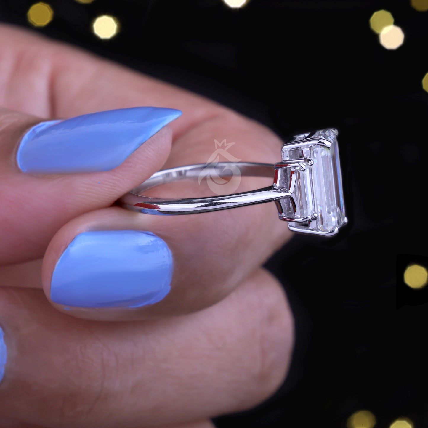 Emerald Cut Three-Stone Moissanite Ring – 14K Gold Baguette Side Stone Engagement & Wedding Ring
