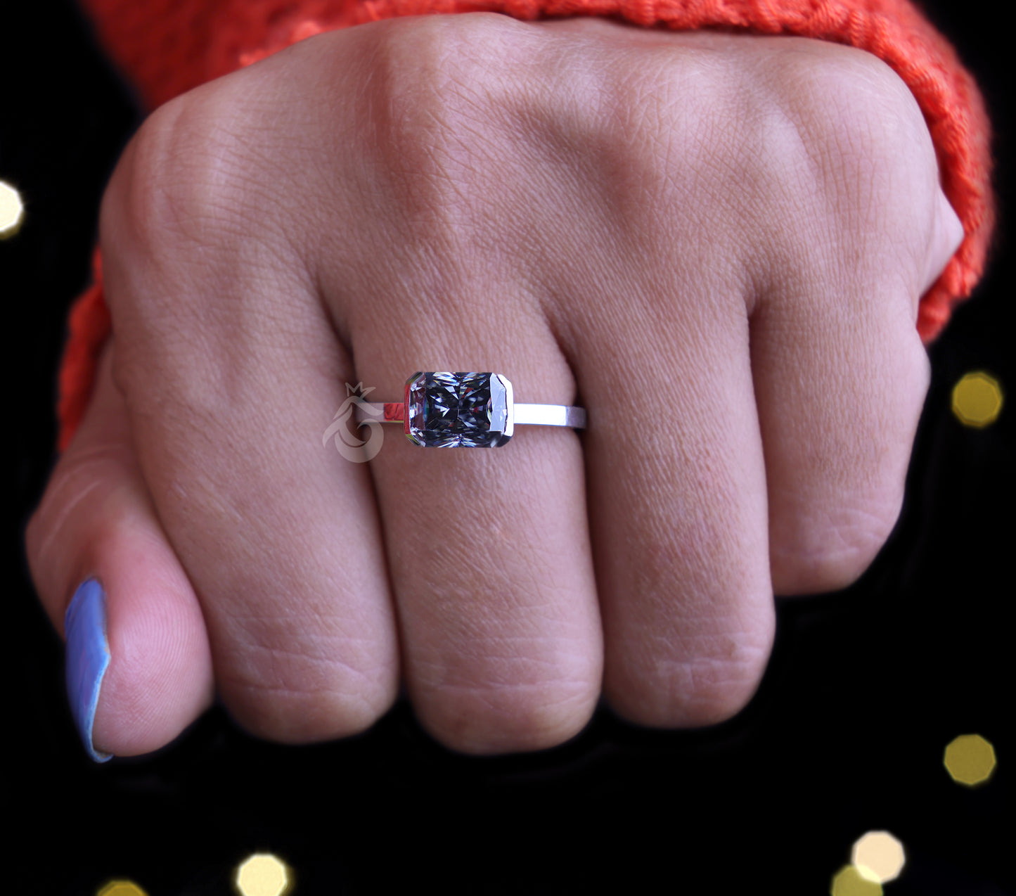 East-West 2.47CT Fancy Gray Radiant Moissanite Ring – 14K White Gold Half Bezel Solitaire Engagement Ring