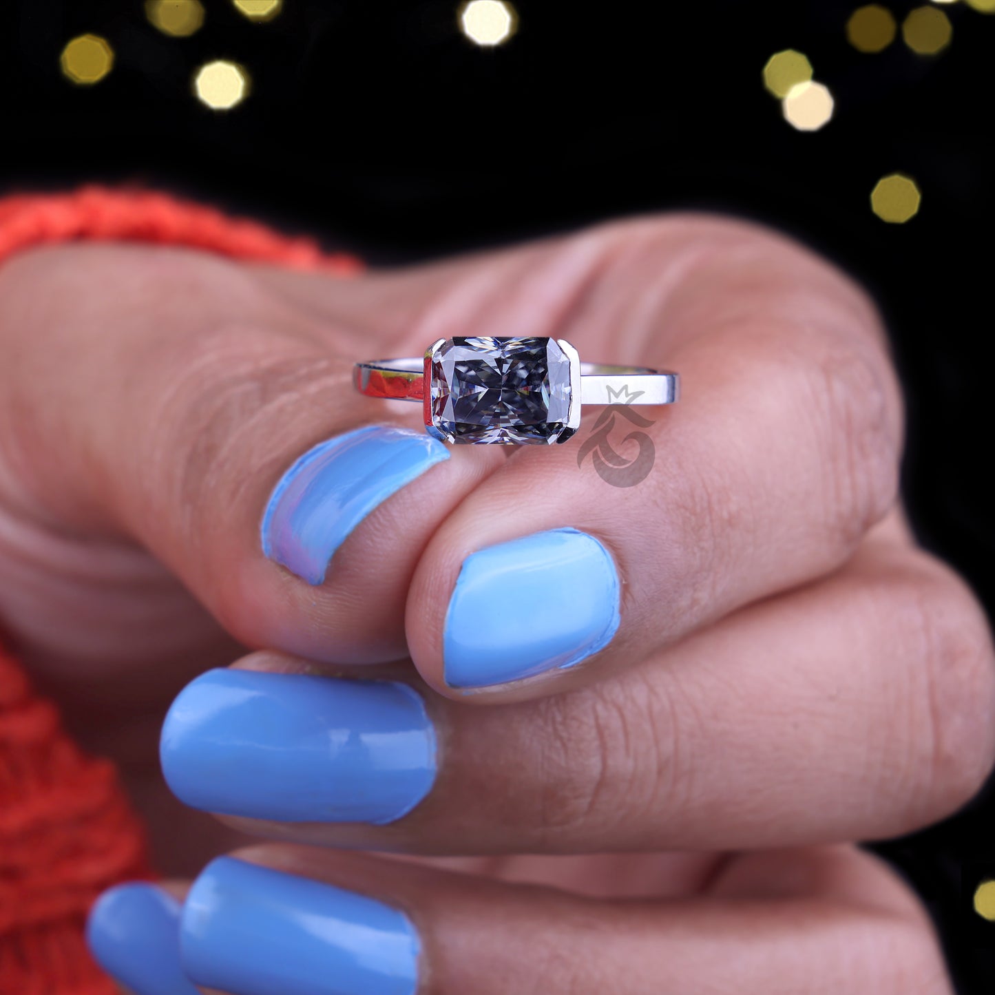 East-West 2.47CT Fancy Gray Radiant Moissanite Ring – 14K White Gold Half Bezel Solitaire Engagement Ring