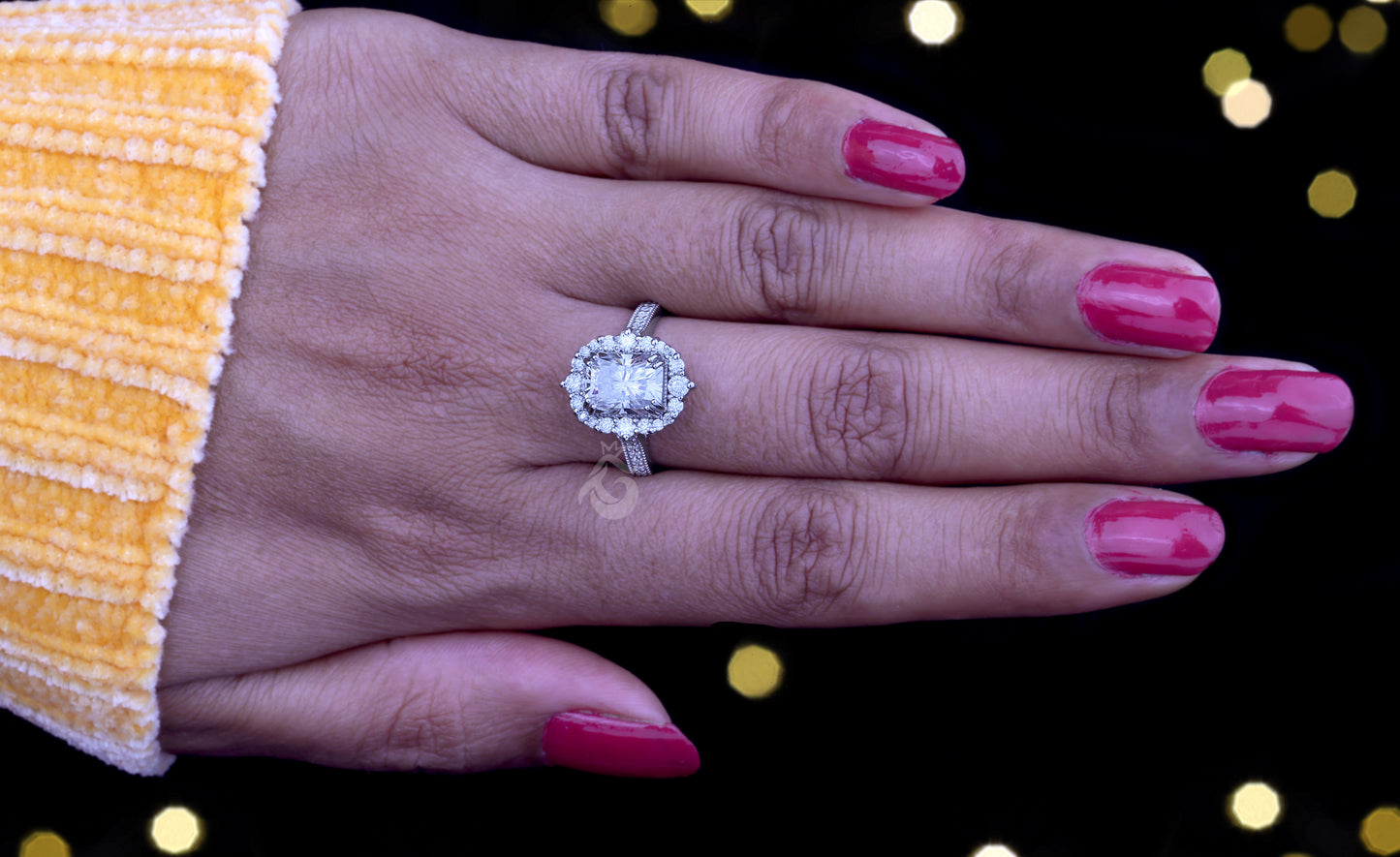 Antique 3.03CT Radiant Cut Moissanite Ring – Vintage Cluster Halo Engagement & Wedding Ring