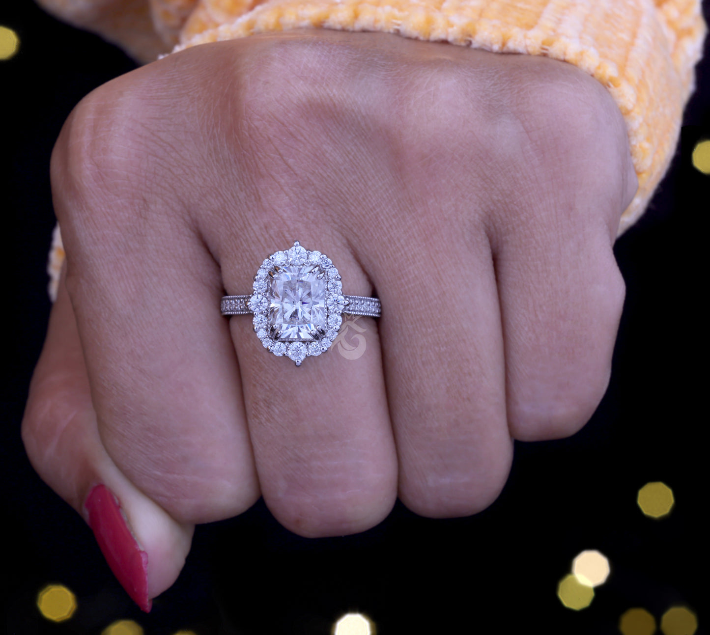 Antique 3.03CT Radiant Cut Moissanite Ring – Vintage Cluster Halo Engagement & Wedding Ring