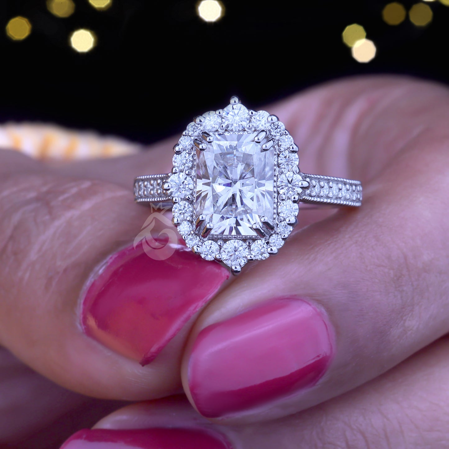 Antique 3.03CT Radiant Cut Moissanite Ring – Vintage Cluster Halo Engagement & Wedding Ring
