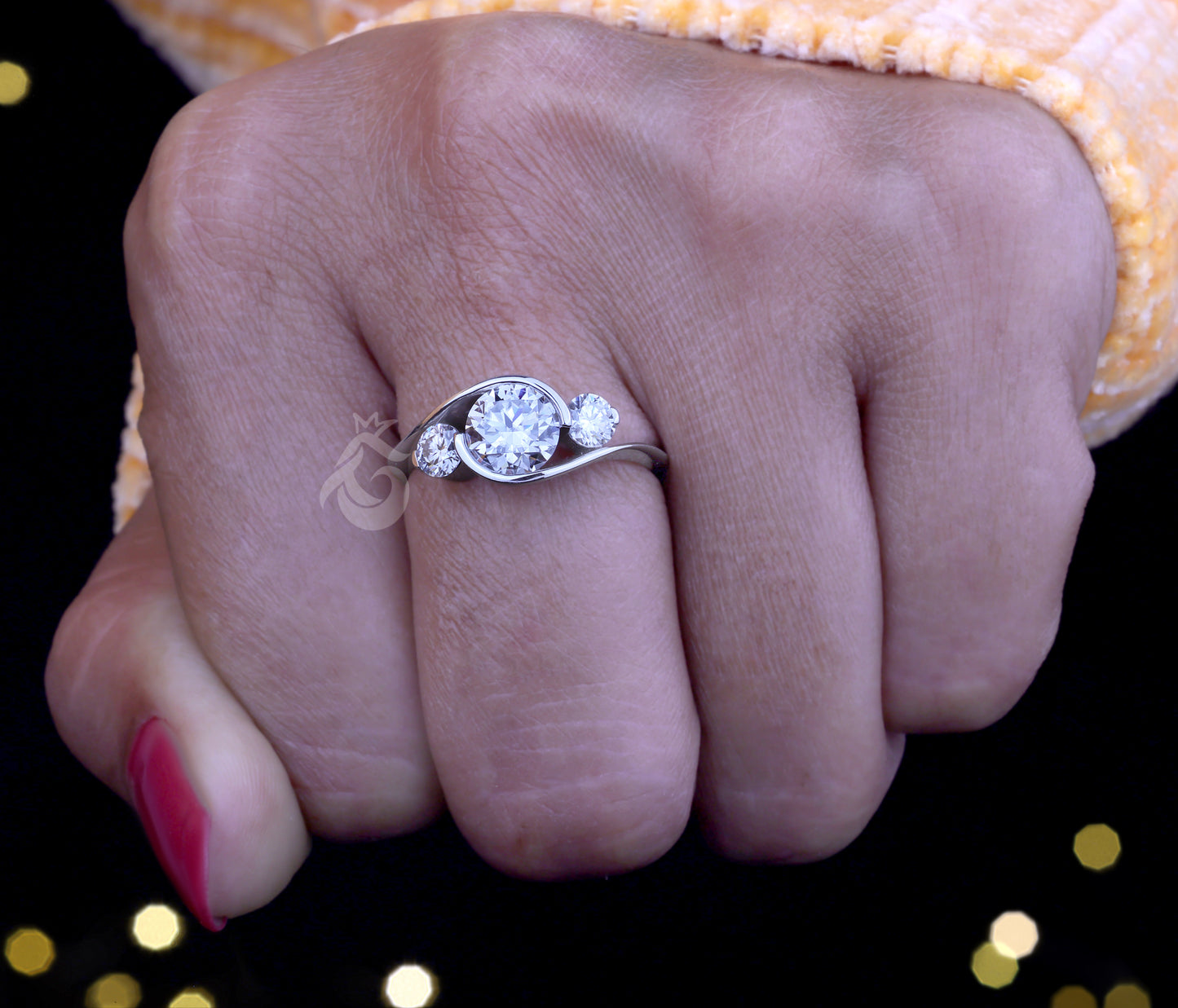 3-Stone Round Moissanite Engagement Ring – Tension Set Bypass Shank Wedding & Anniversary Ring
