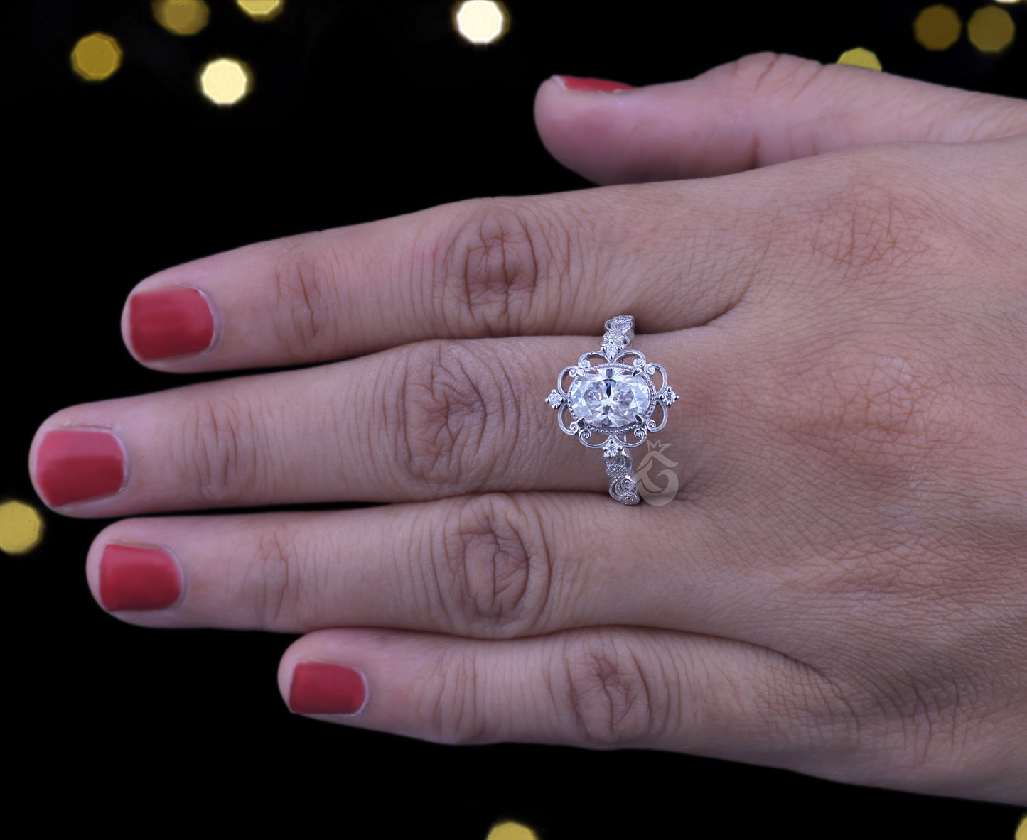 1.5CT Oval Forever One Moissanite Ring – 14K White Gold Vintage Floral Mil grain Wedding Band