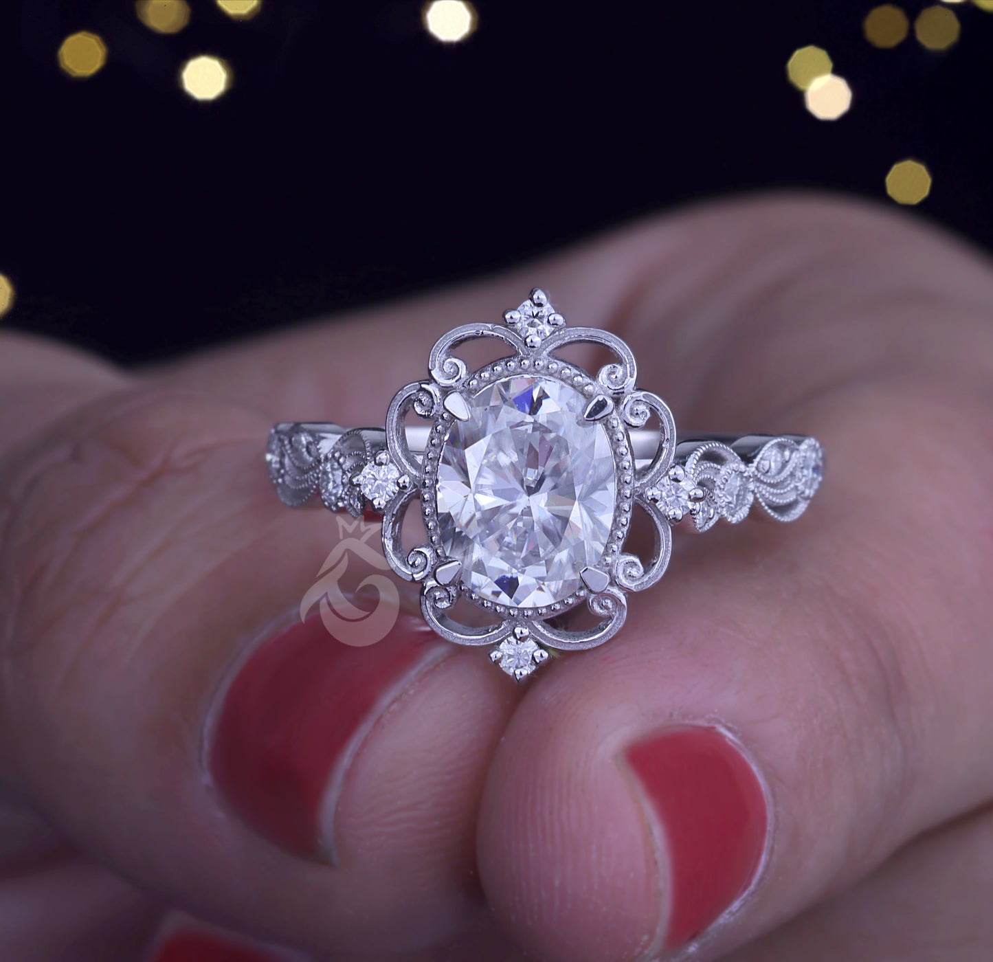 1.5CT Oval Forever One Moissanite Ring – 14K White Gold Vintage Floral Mil grain Wedding Band