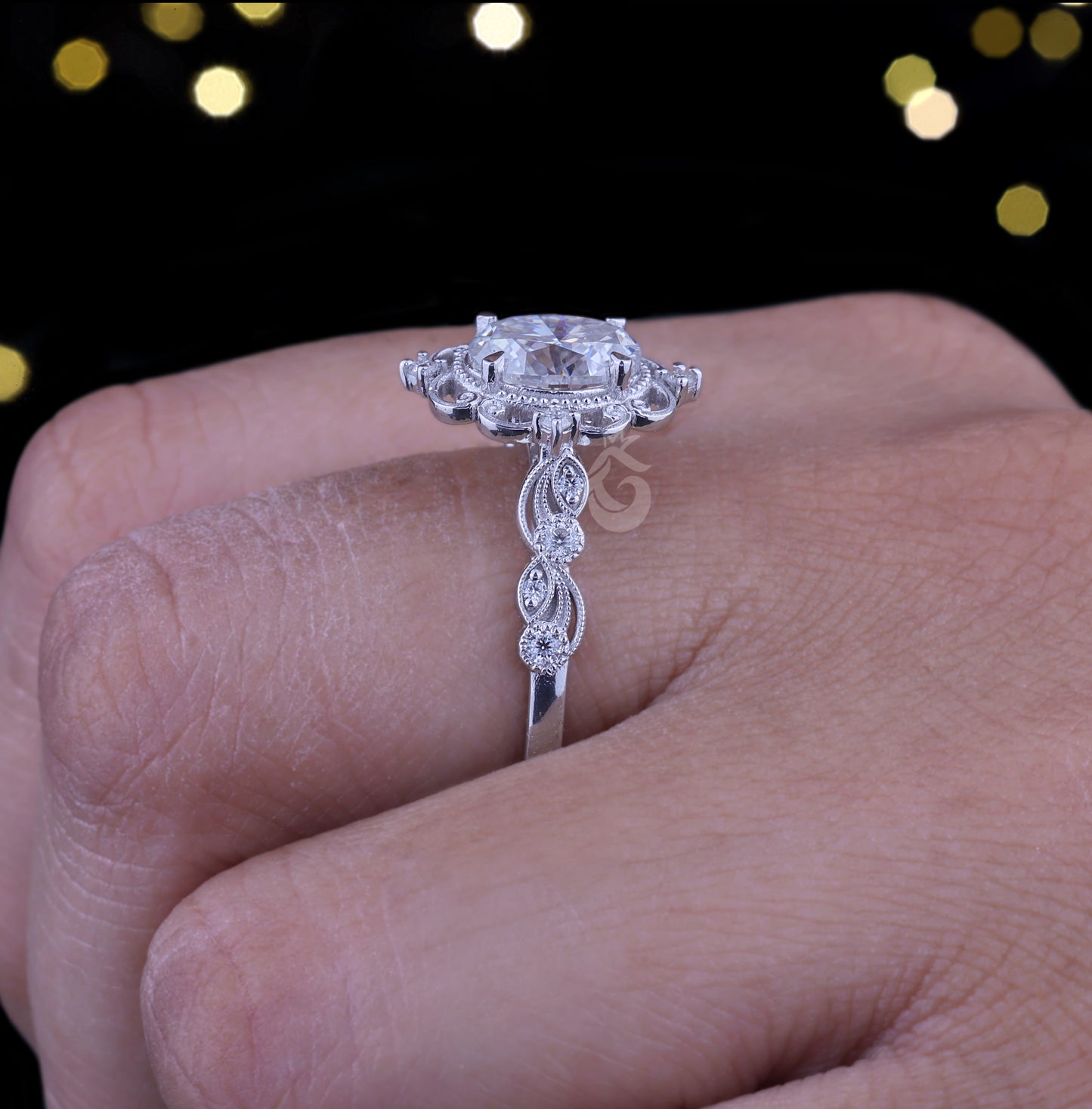 1.5CT Oval Forever One Moissanite Ring – 14K White Gold Vintage Floral Mil grain Wedding Band