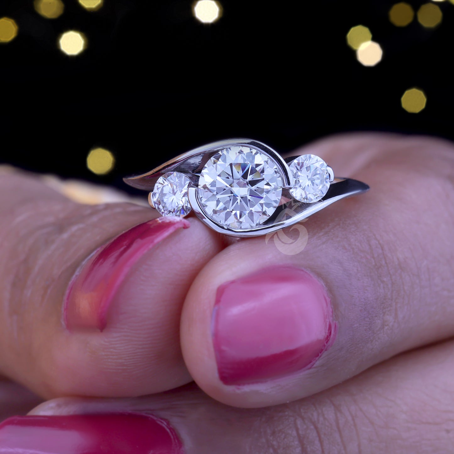 3-Stone Round Moissanite Engagement Ring – Tension Set Bypass Shank Wedding & Anniversary Ring