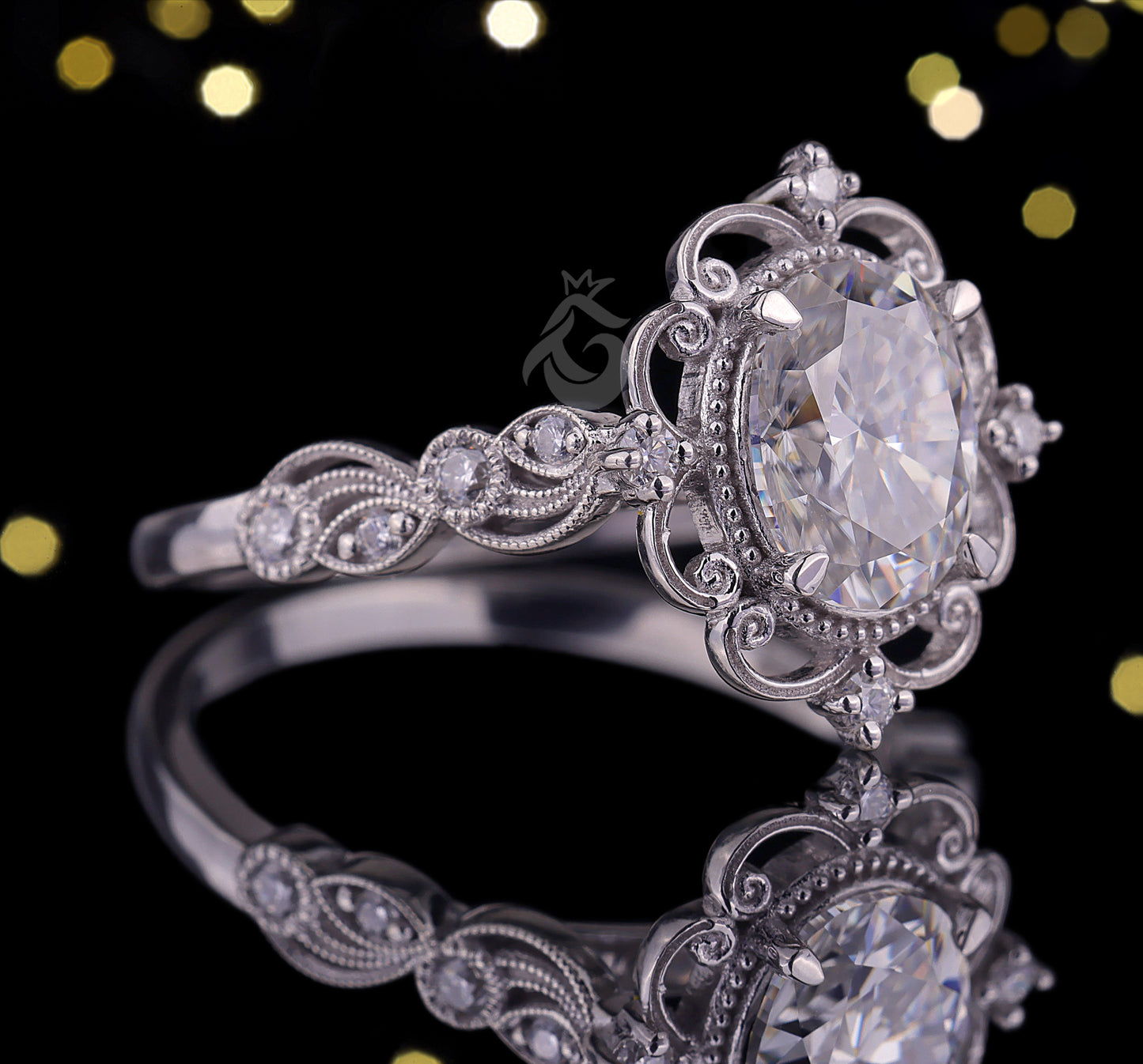 1.5CT Oval Forever One Moissanite Ring – 14K White Gold Vintage Floral Mil grain Wedding Band