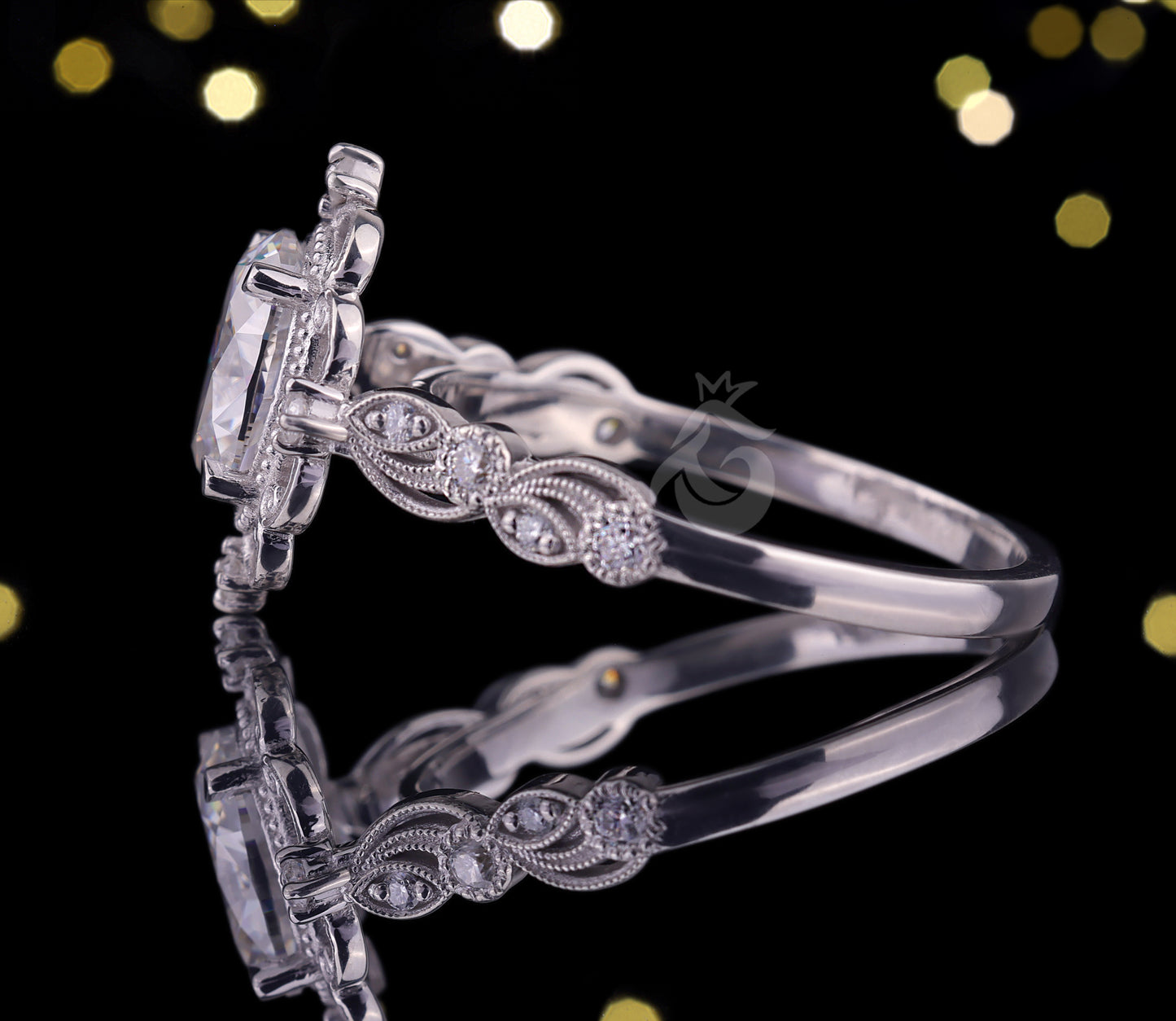 1.5CT Oval Forever One Moissanite Ring – 14K White Gold Vintage Floral Mil grain Wedding Band