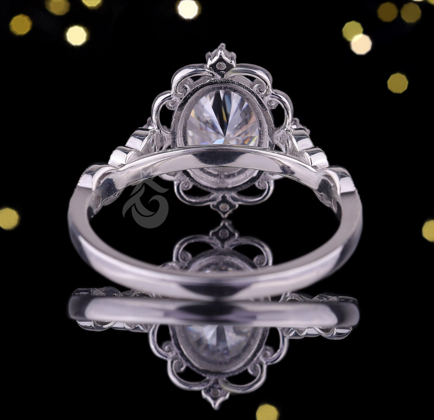 1.5CT Oval Forever One Moissanite Ring – 14K White Gold Vintage Floral Mil grain Wedding Band
