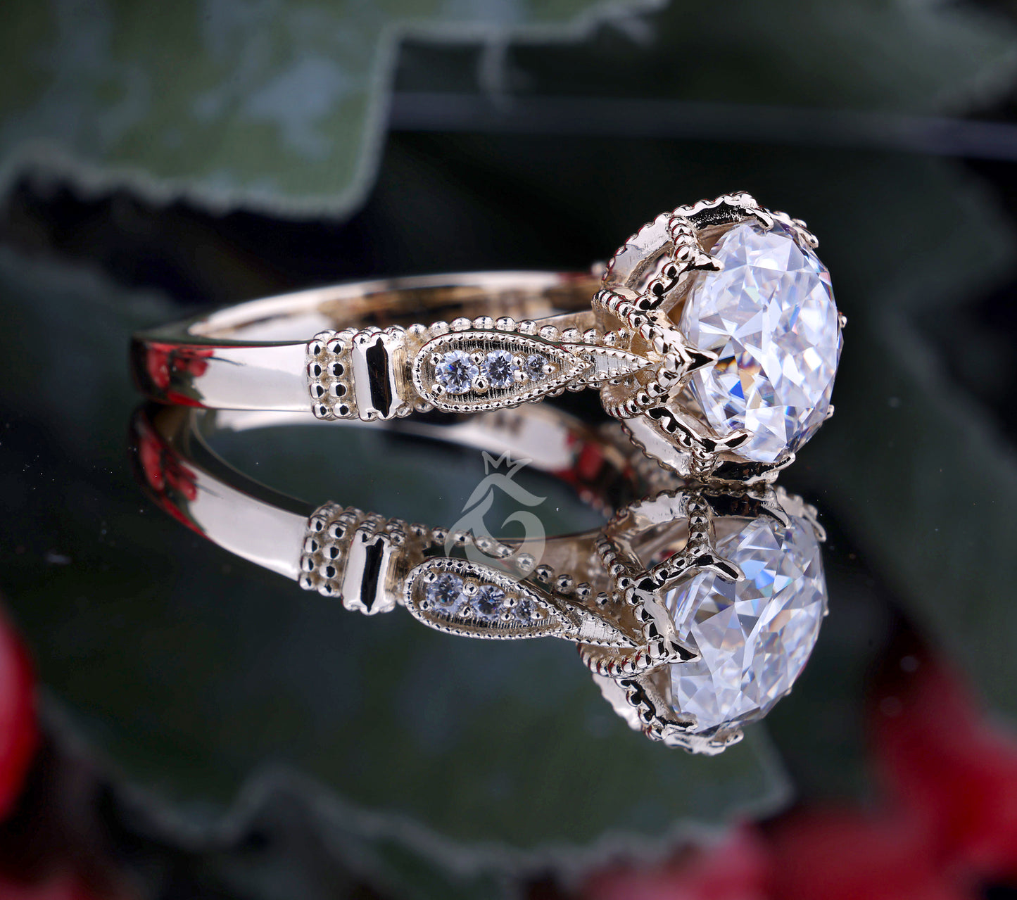 2.80 CT Old European Cut Moissanite Ring, 10K Art Deco Milgrain Engagement Ring
