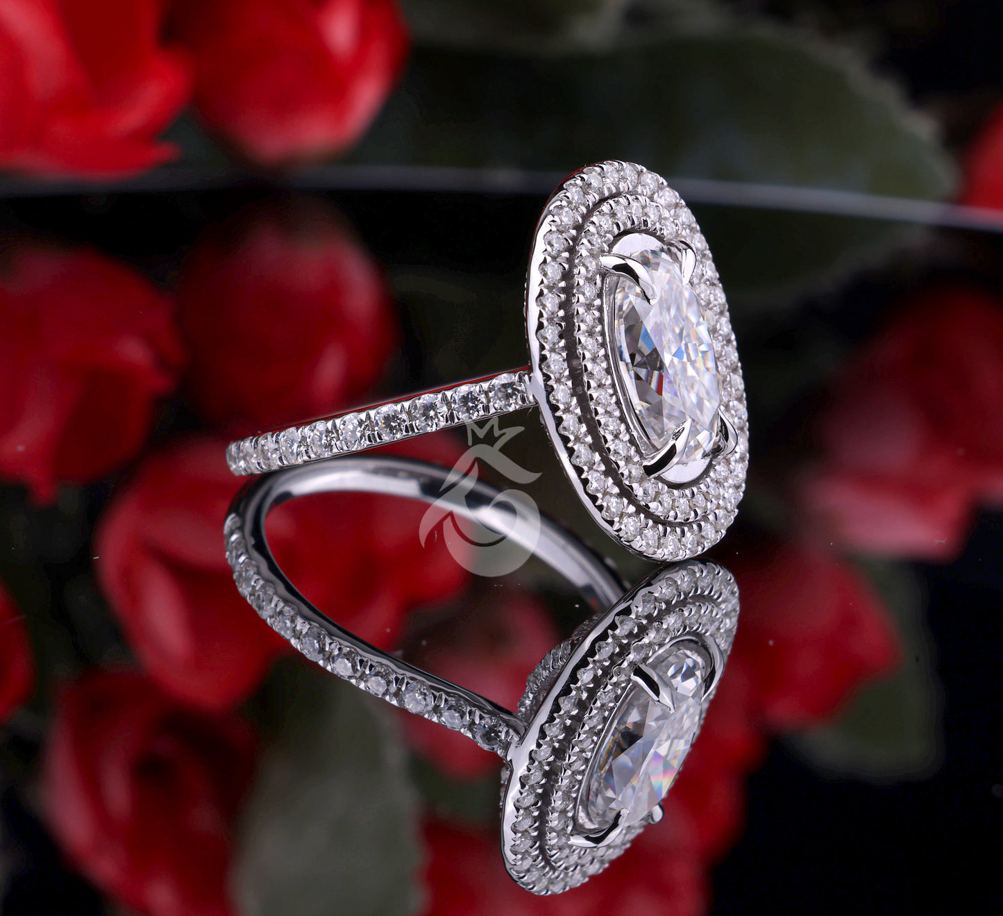 Oval Double Halo Moissanite Engagement Ring, 4.26 CT Pave Moissanite Band, 14K Gold Gift for Her