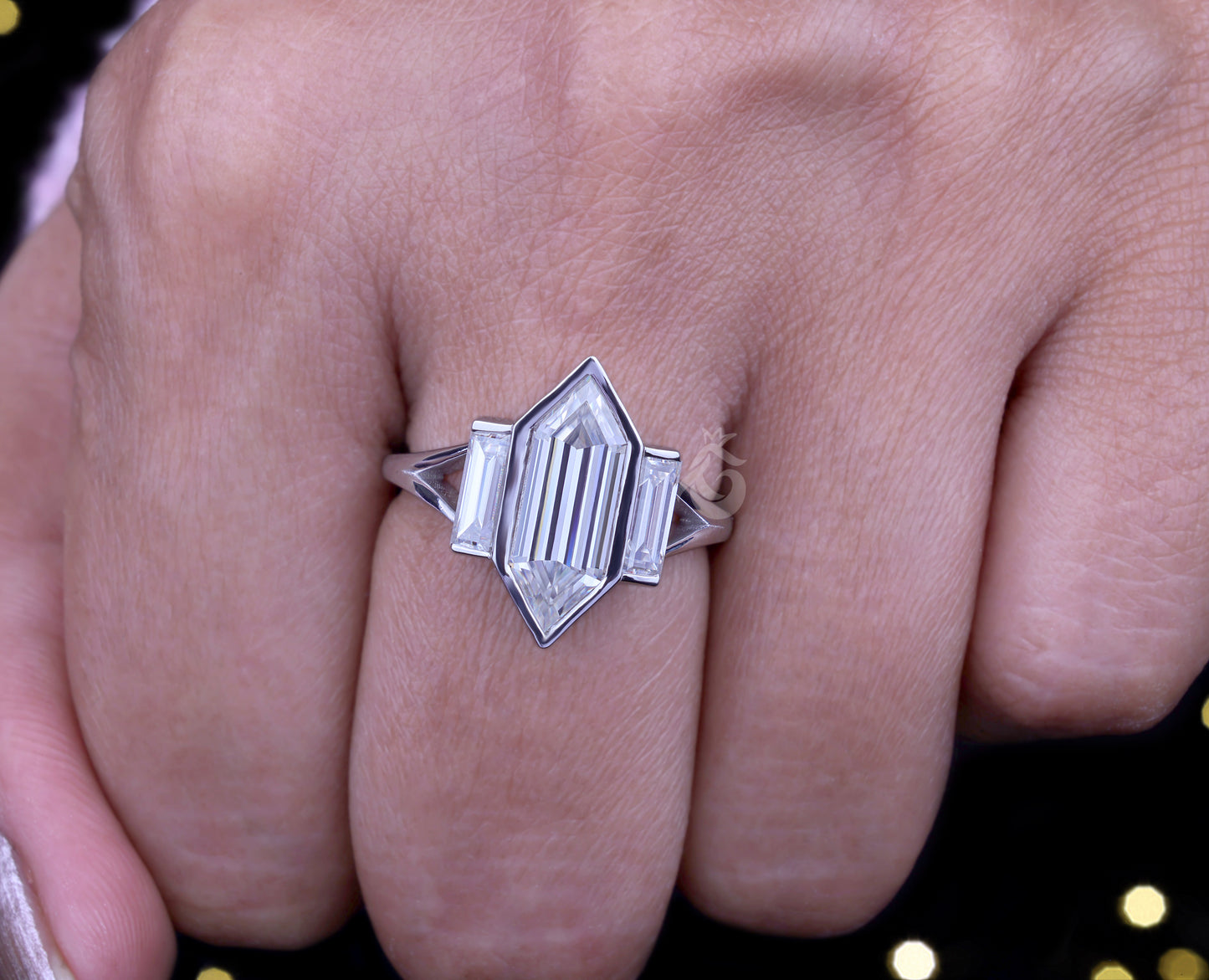 Long Hexagon Cut Moissanite Ring – 14K Gold Bezel Set Three-Stone Split Shank Wedding Ring