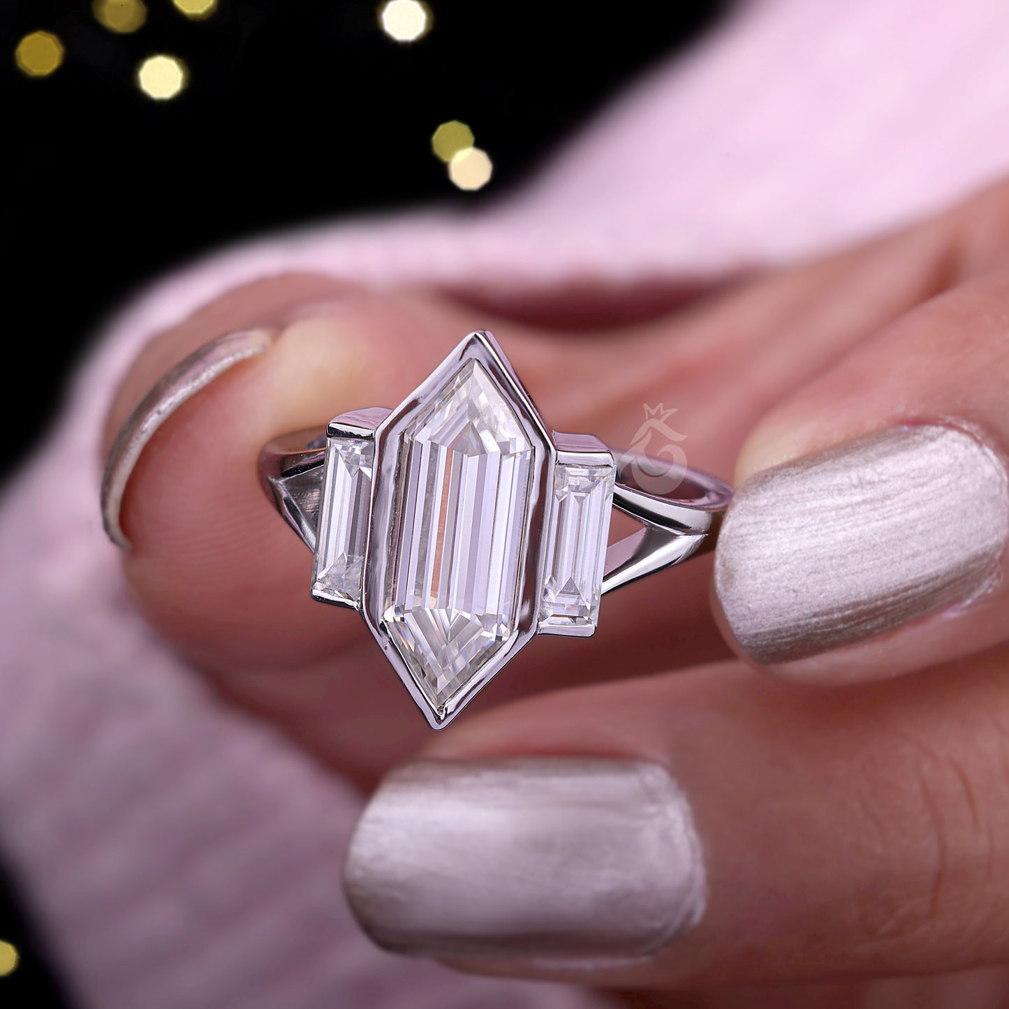 Long Hexagon Cut Moissanite Ring – 14K Gold Bezel Set Three-Stone Split Shank Wedding Ring