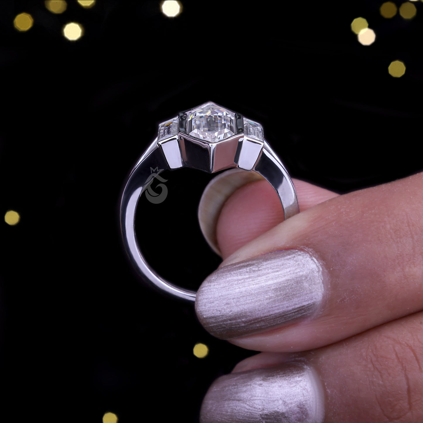 Long Hexagon Cut Moissanite Ring – 14K Gold Bezel Set Three-Stone Split Shank Wedding Ring
