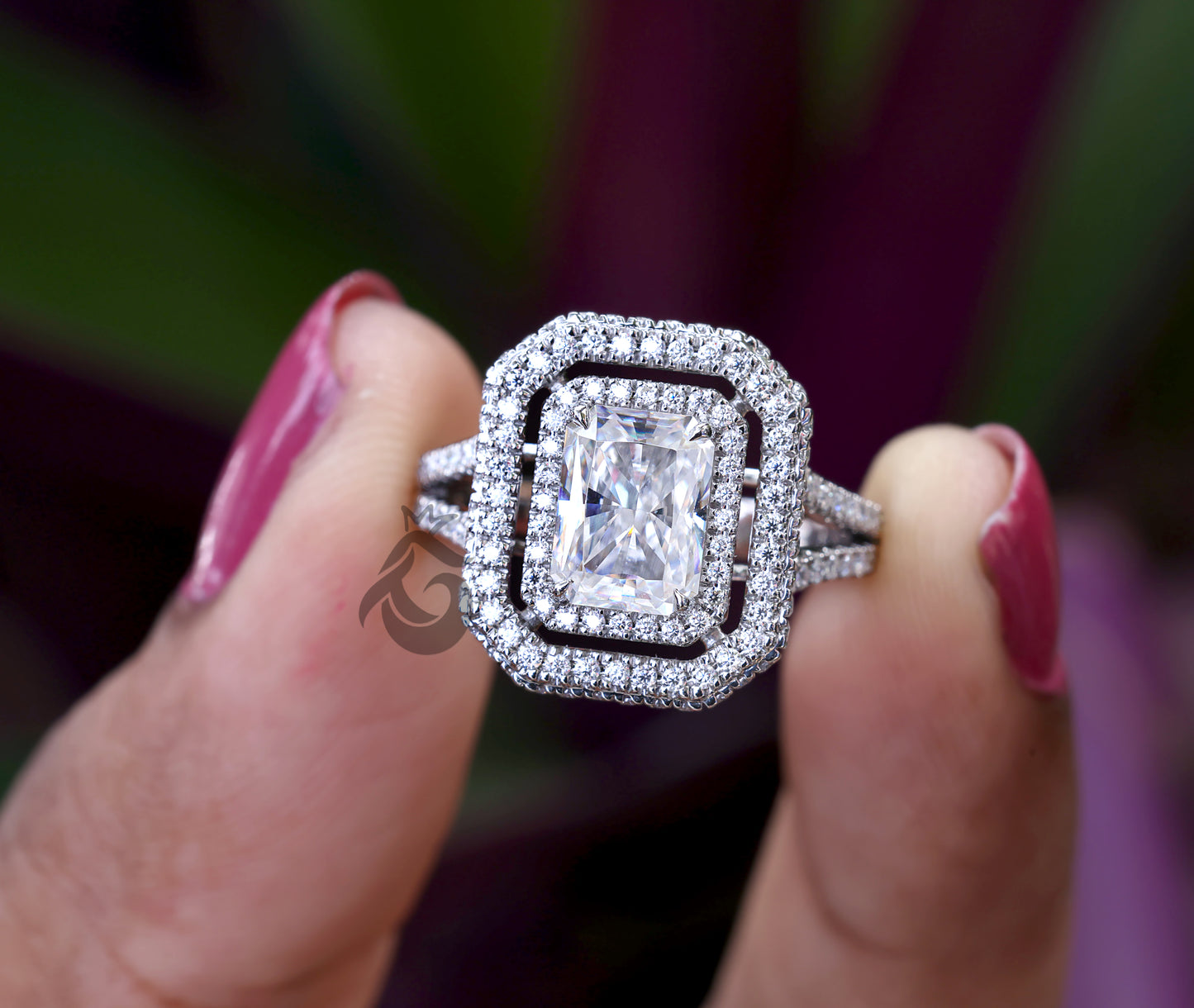 Double Halo Split Shank Radiant Cut Moissanite Ring – White Gold Engagement & Anniversary Ring
