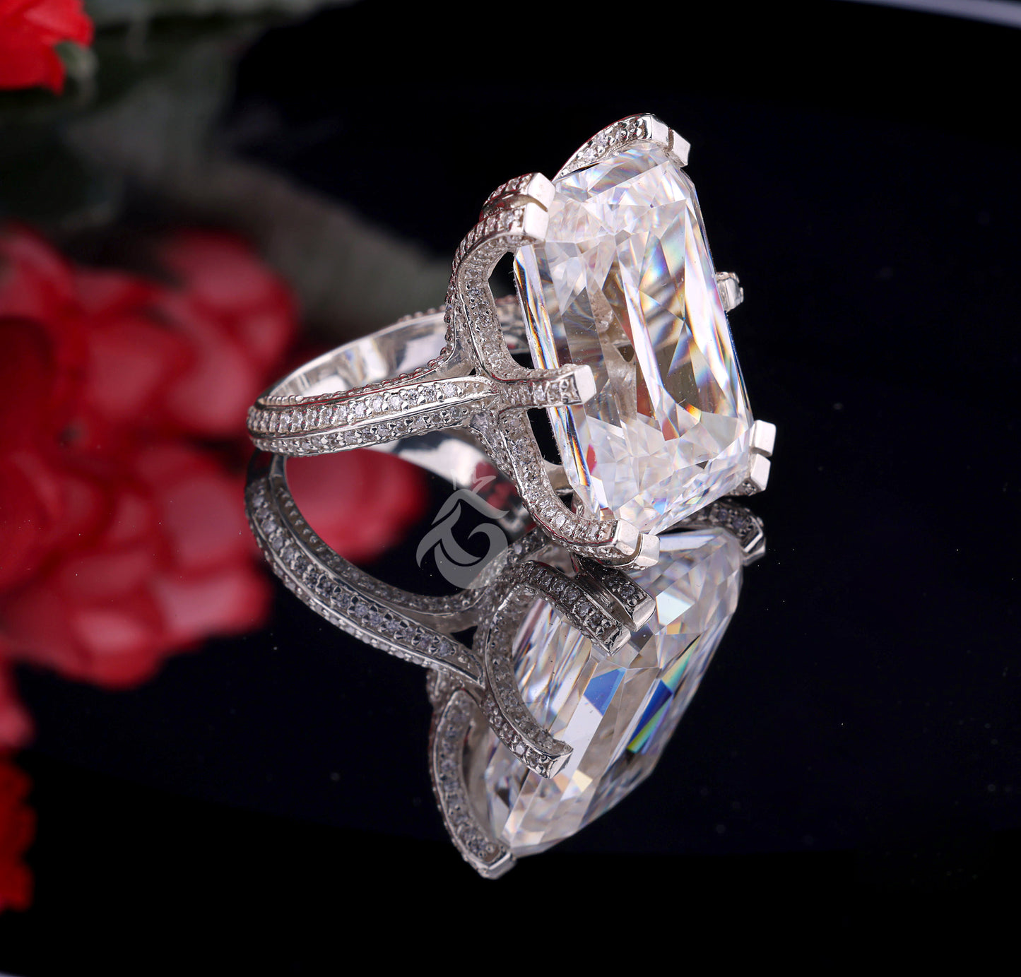 Radiant Cut 4-Row Pave Moissanite Ring – 18K White Gold Art Deco Engagement & Wedding Band