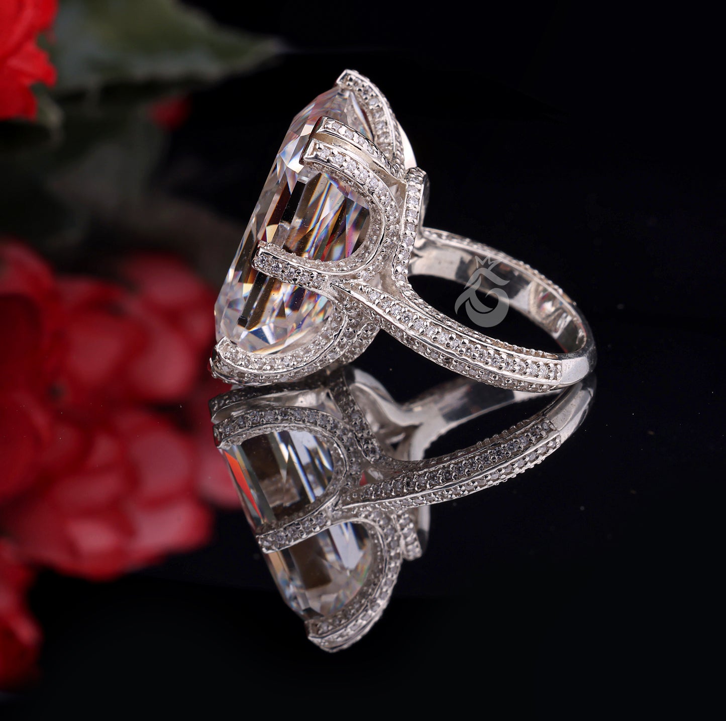 Radiant Cut 4-Row Pave Moissanite Ring – 18K White Gold Art Deco Engagement & Wedding Band