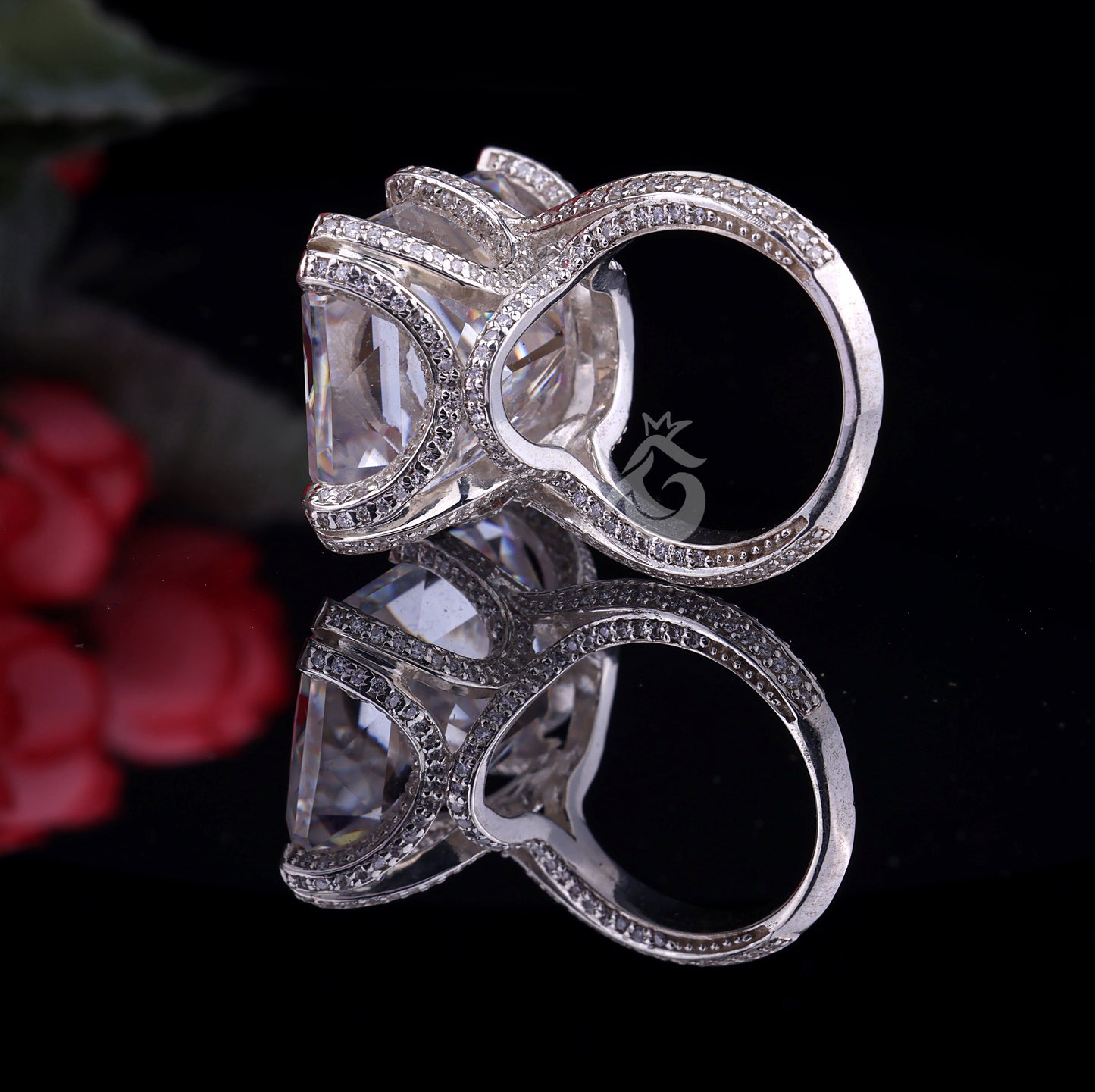 Radiant Cut 4-Row Pave Moissanite Ring – 18K White Gold Art Deco Engagement & Wedding Band