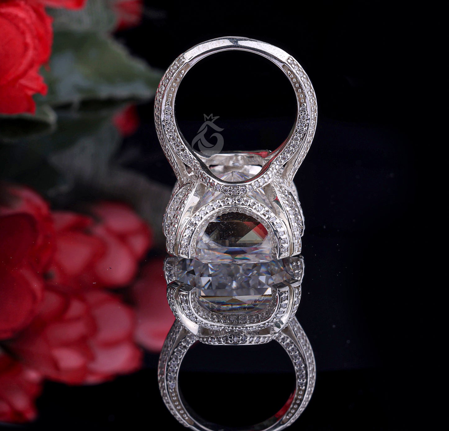 Radiant Cut 4-Row Pave Moissanite Ring – 18K White Gold Art Deco Engagement & Wedding Band