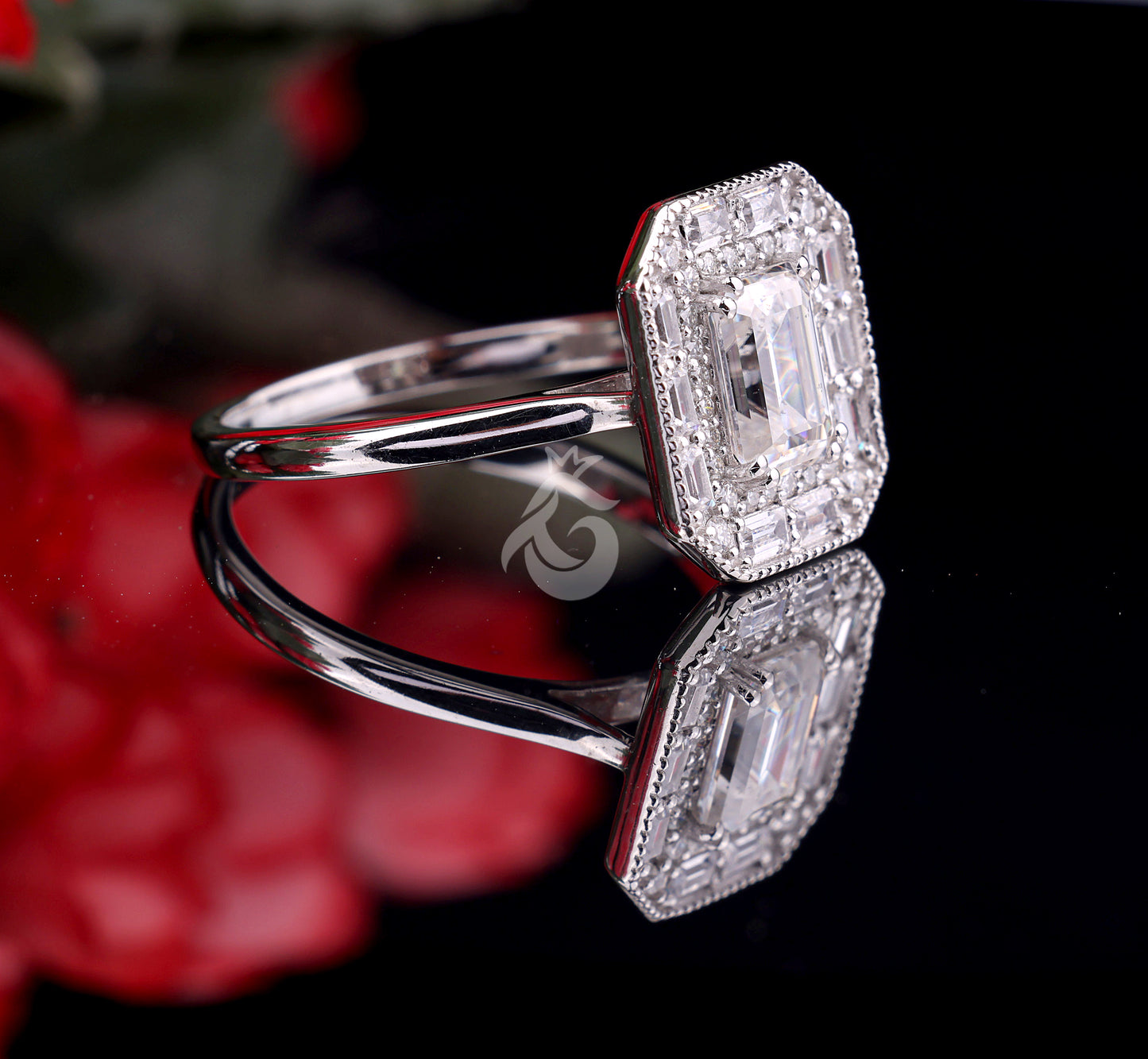 Emerald Cut Moissanite Engagement Ring – 10K White Gold Baguette Side Stone Halo Ring