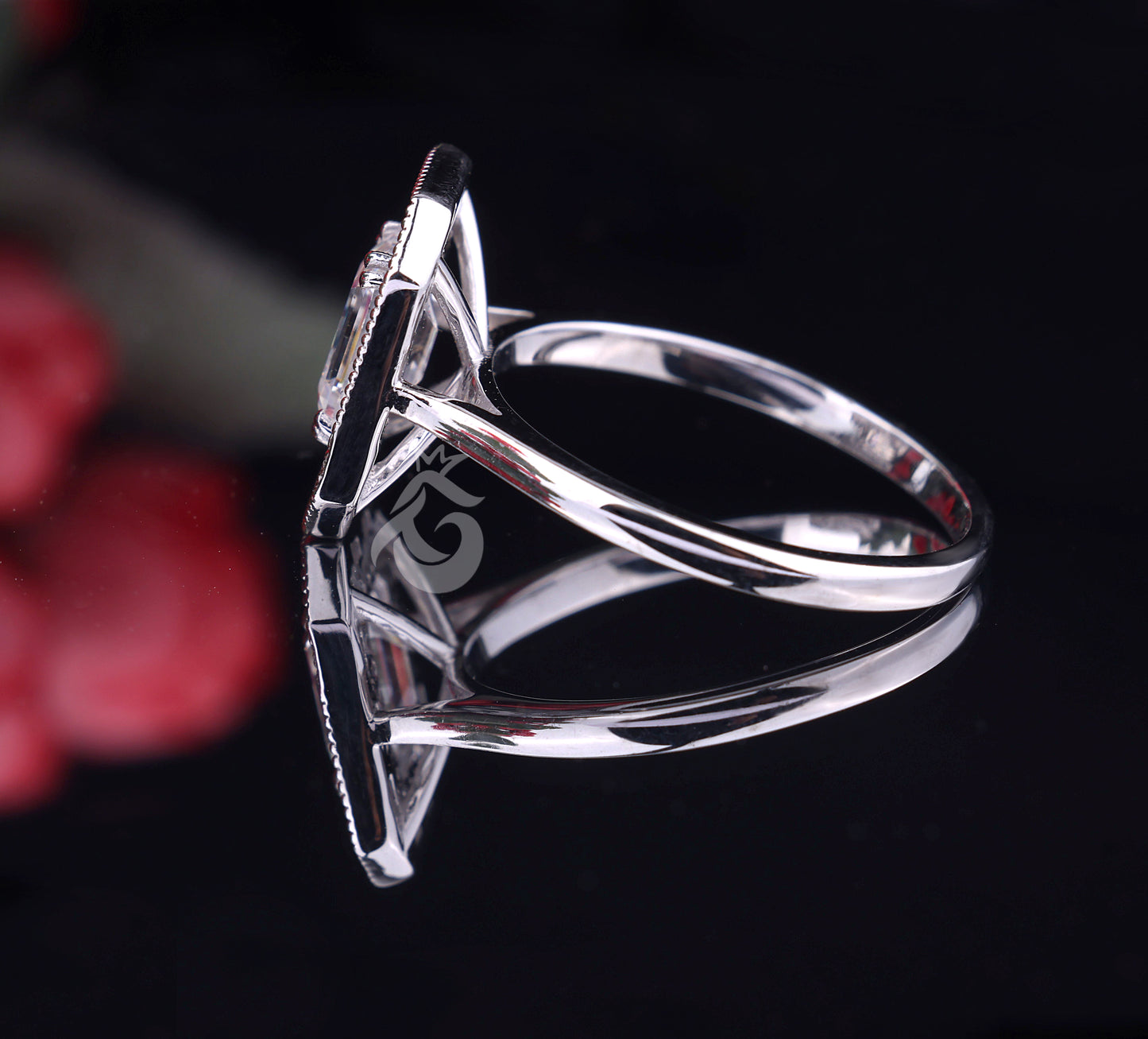 Emerald Cut Moissanite Engagement Ring – 10K White Gold Baguette Side Stone Halo Ring