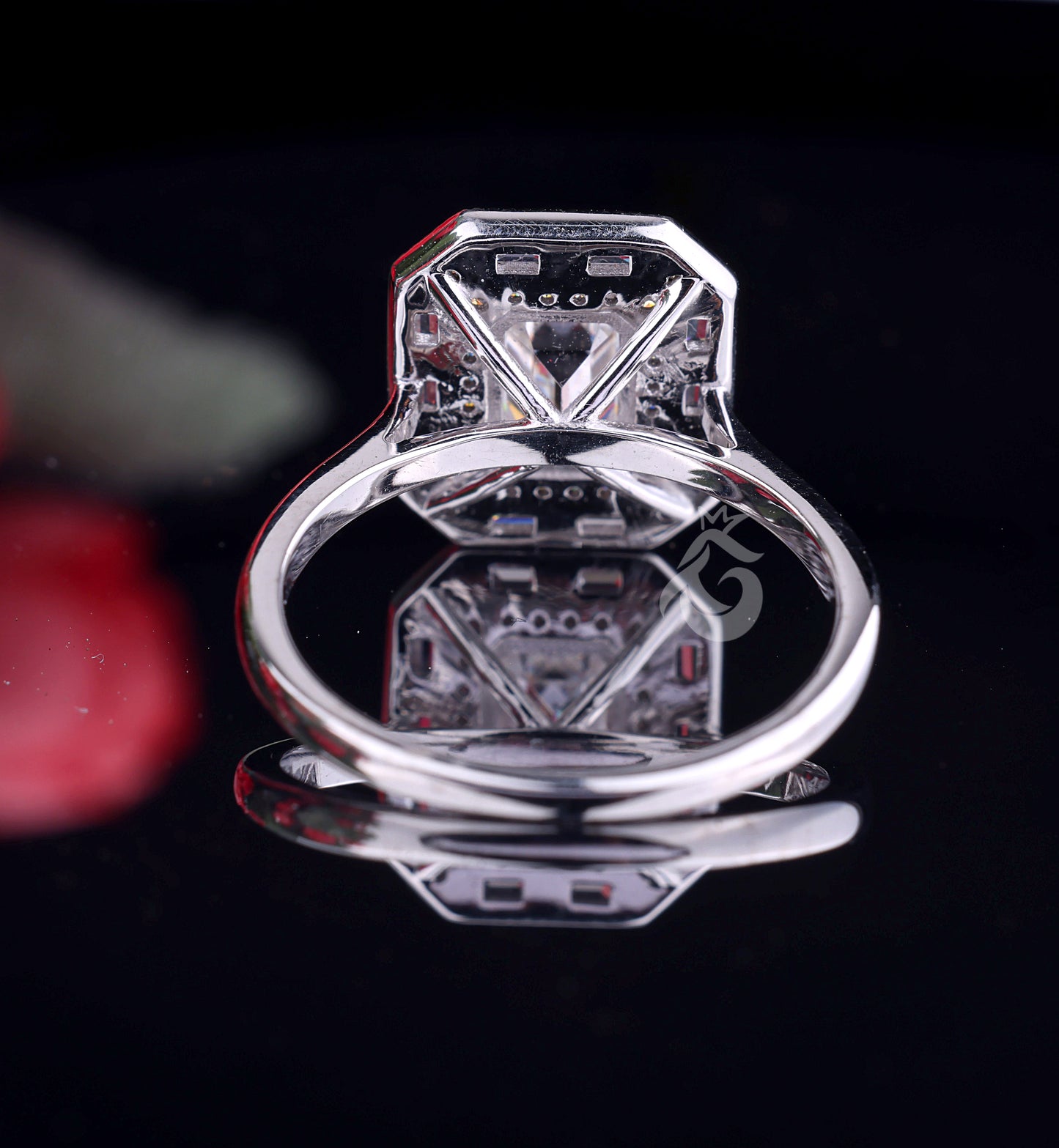 Emerald Cut Moissanite Engagement Ring – 10K White Gold Baguette Side Stone Halo Ring