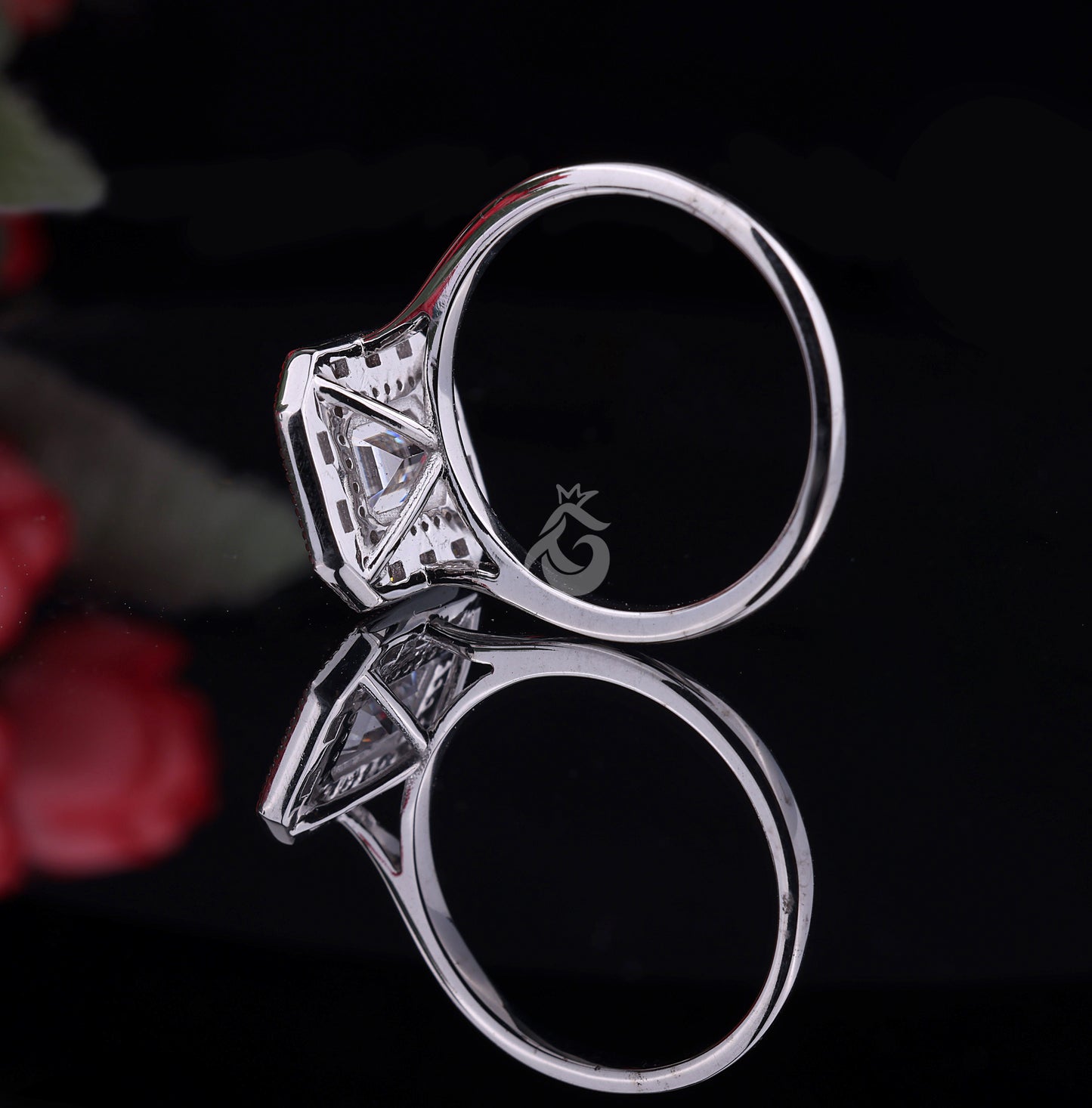 Emerald Cut Moissanite Engagement Ring – 10K White Gold Baguette Side Stone Halo Ring