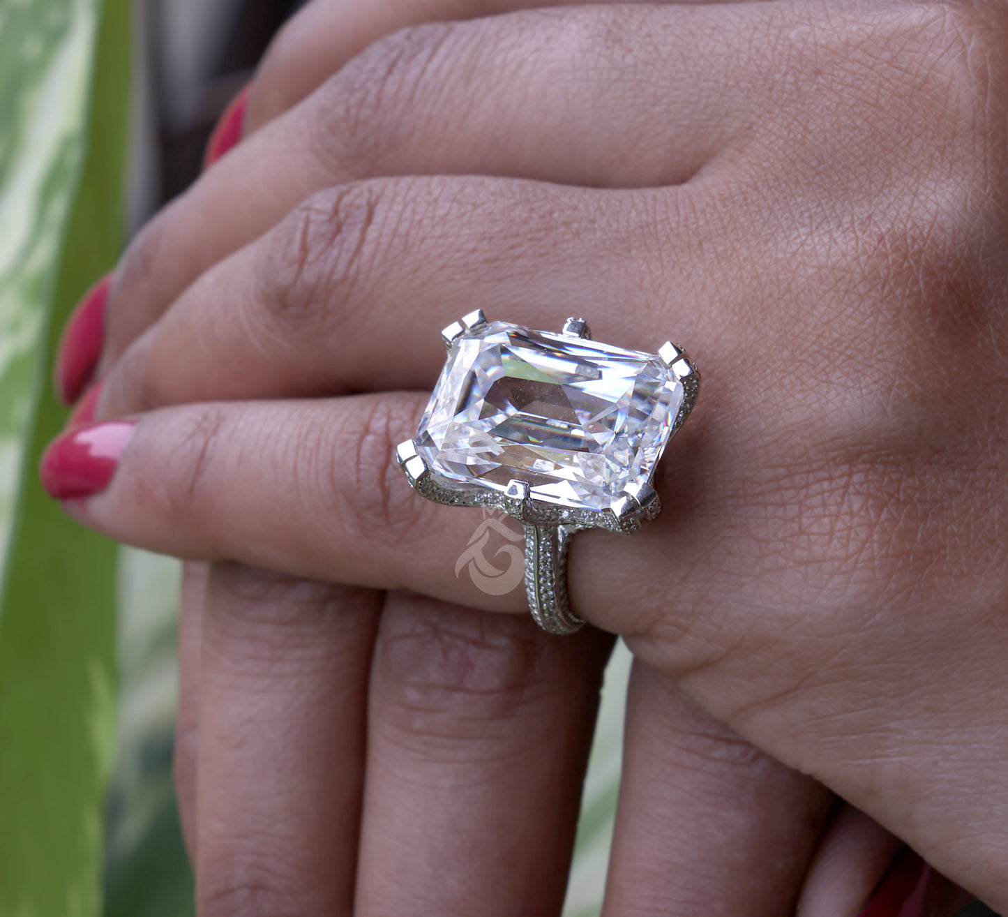 Radiant Cut 4-Row Pave Moissanite Ring – 18K White Gold Art Deco Engagement & Wedding Band