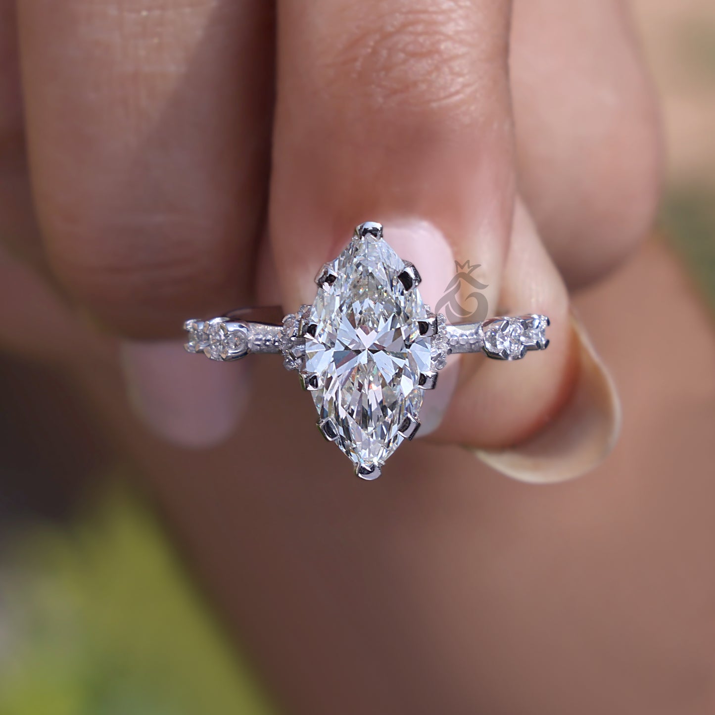 Marquise Lab Grown Diamond Engagement Ring, Vintage Hidden Halo Design