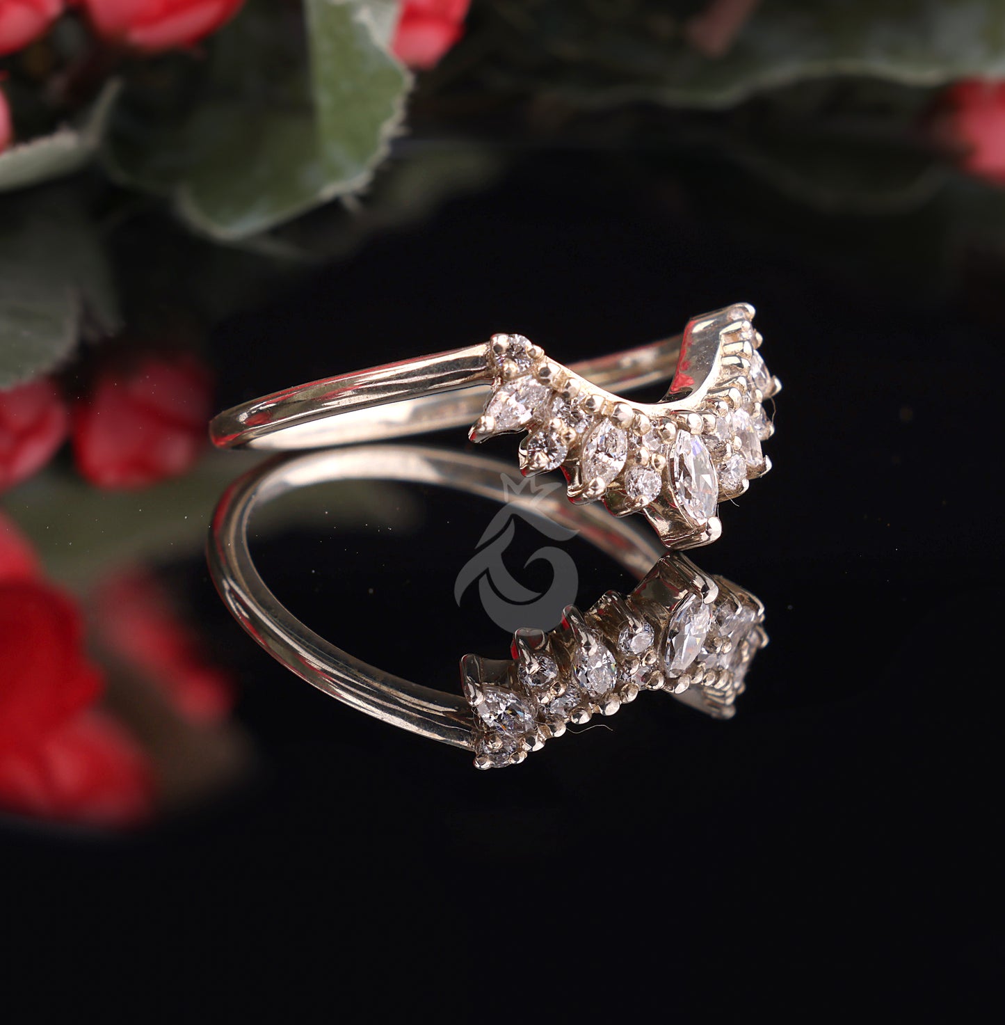 Curved 0.26 TCW Round & Marquise Moissanite Wedding Band – Half Eternity Stacking Ring