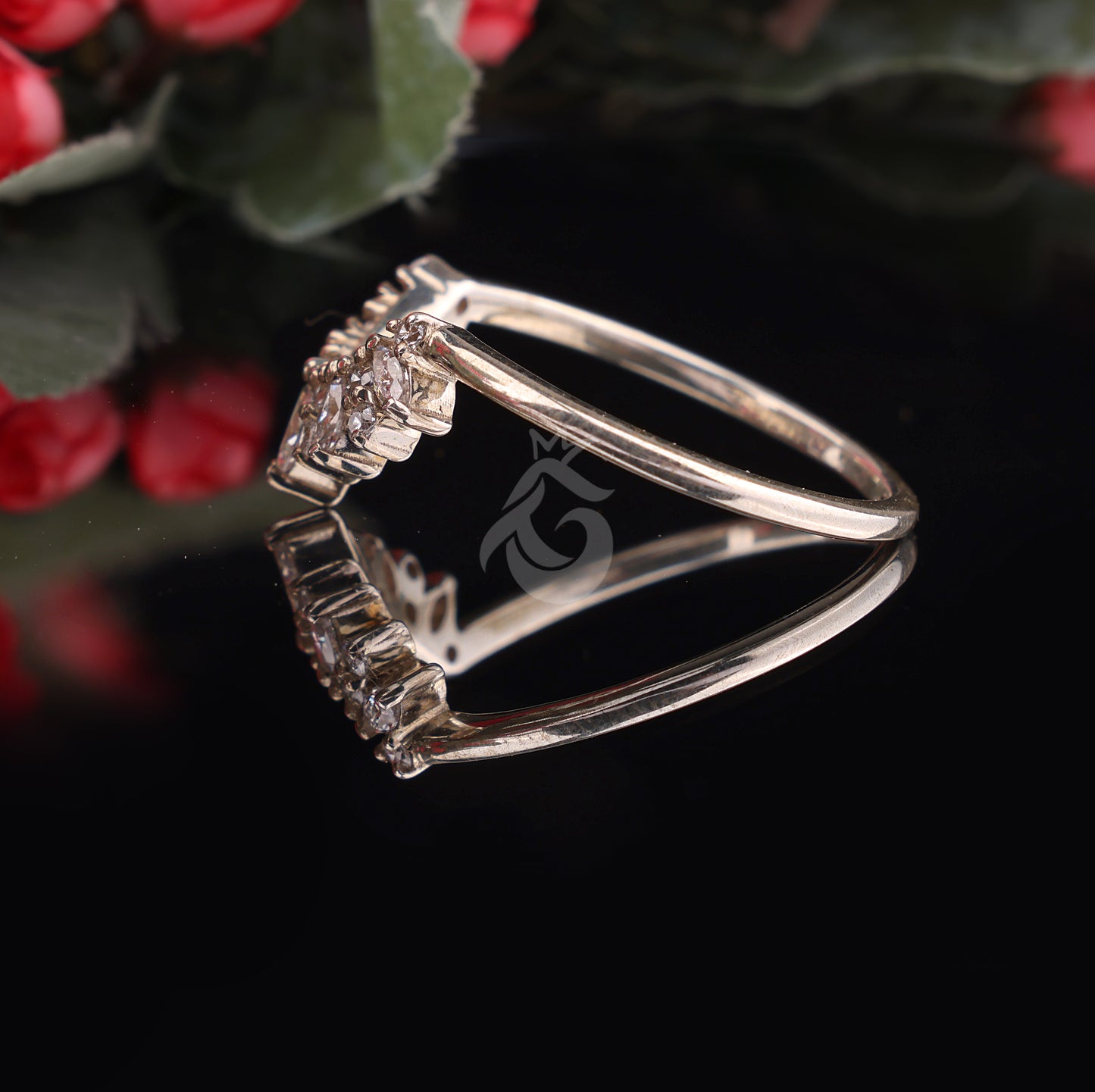 Curved 0.26 TCW Round & Marquise Moissanite Wedding Band – Half Eternity Stacking Ring