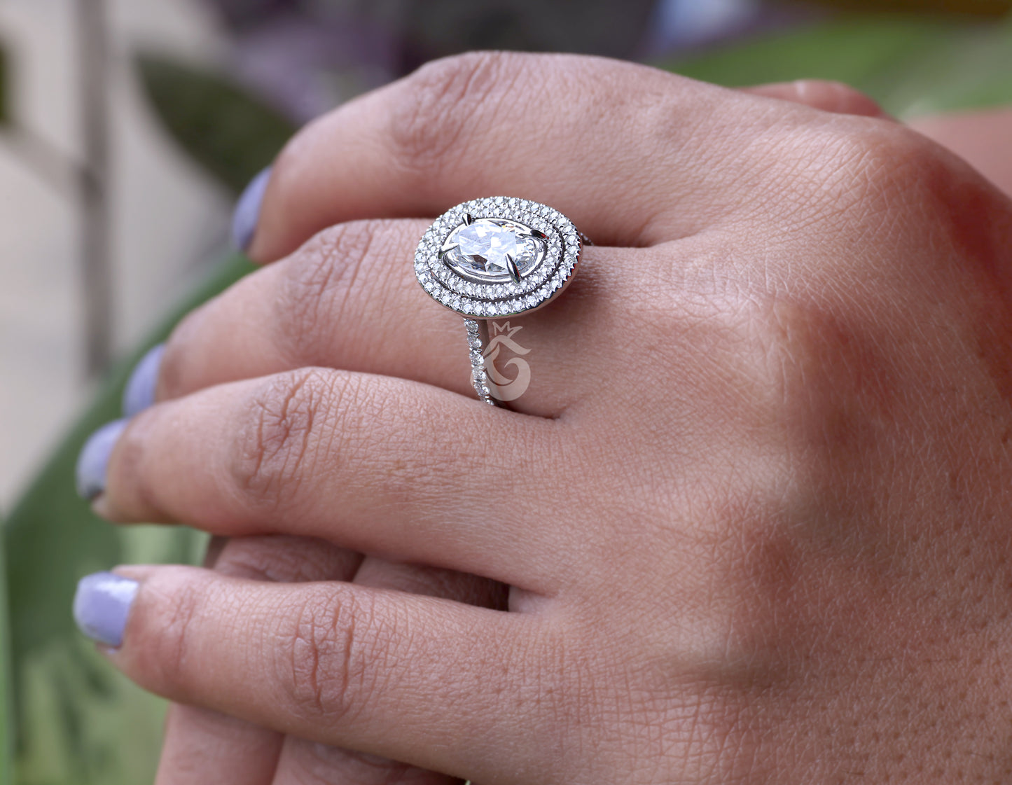 Oval Double Halo Moissanite Engagement Ring, 4.26 CT Pave Moissanite Band, 14K Gold Gift for Her