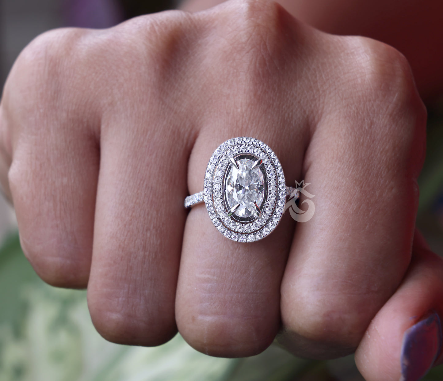 Oval Double Halo Moissanite Engagement Ring, 4.26 CT Pave Moissanite Band, 14K Gold Gift for Her