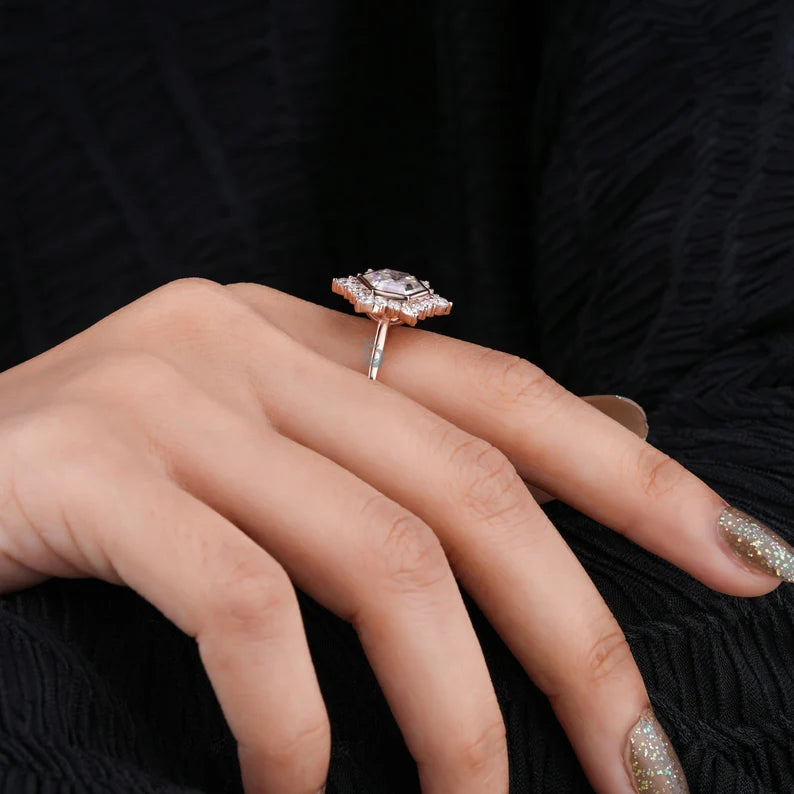 4CT Hexagon Step Cut Moissanite Engagement Ring, Cluster Halo Antique Style