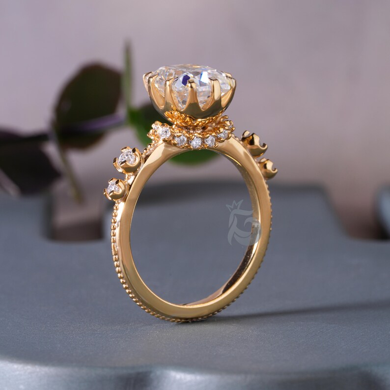 Elongated Cushion Moissanite Hidden Halo Engagement Ring, 18K Yellow Gold