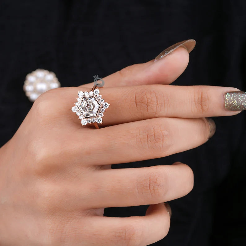 4CT Hexagon Step Cut Moissanite Engagement Ring, Cluster Halo Antique Style