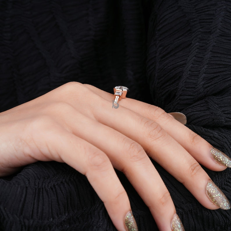 1.5TW Asscher Moissanite Three Stone Bezel Engagement Ring, 14K Rose Gold