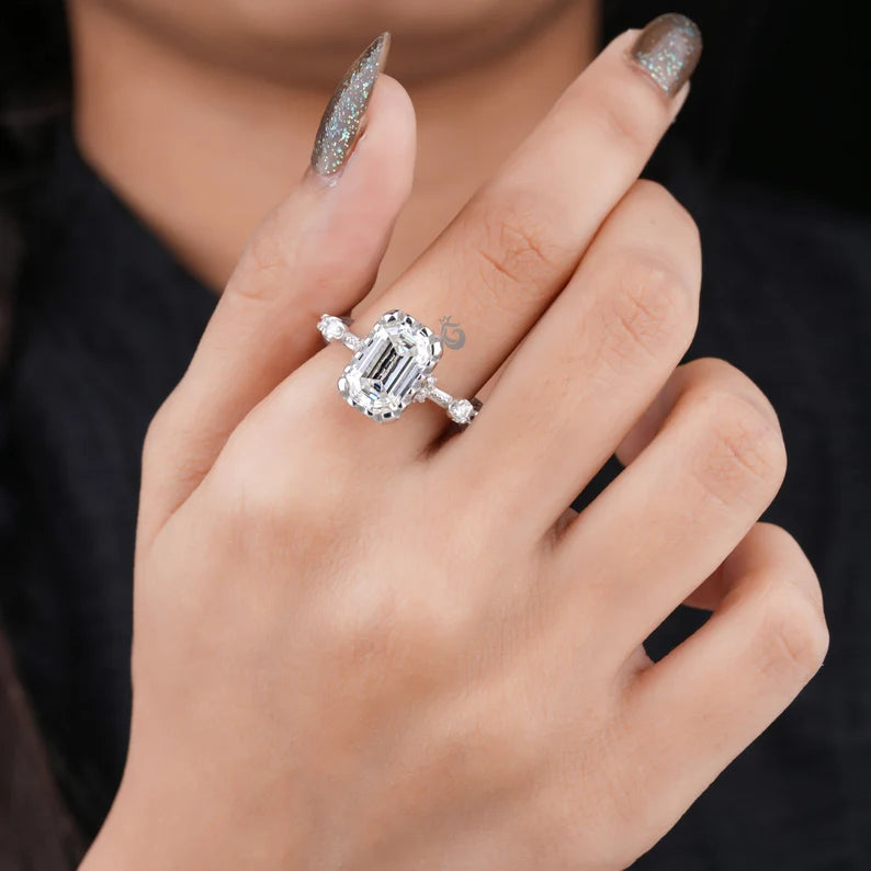 3CT Emerald Cut Moissanite Hidden Halo Engagement Ring, 14K White Gold