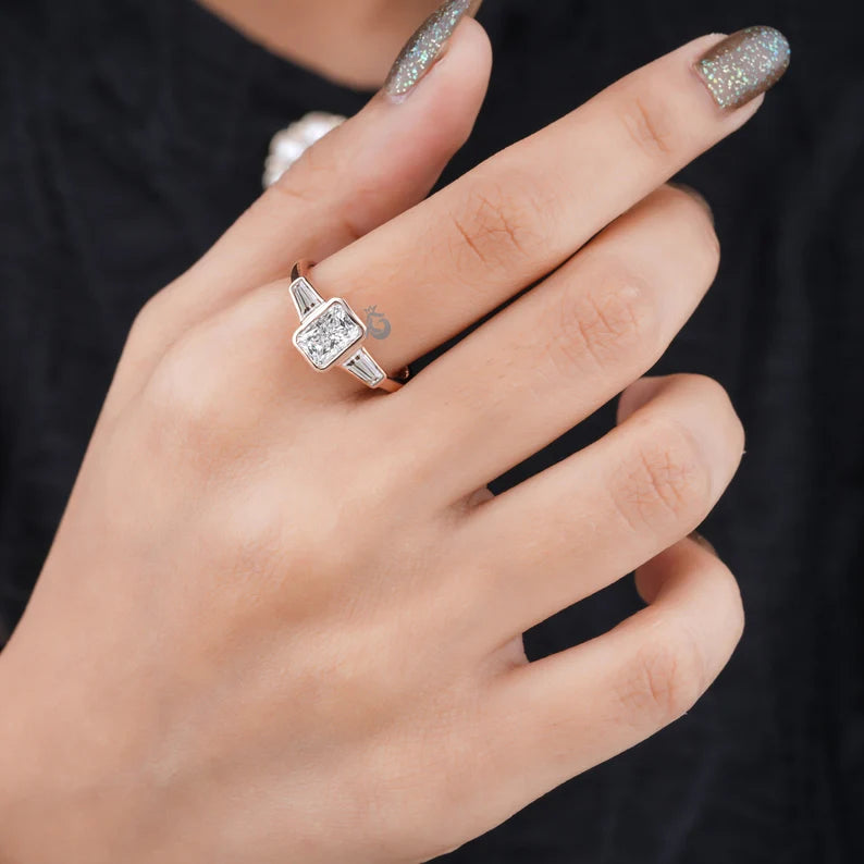 Radiant Cut Moissanite Bezel Ring, Three Stone Baguette, 14K Rose Gold